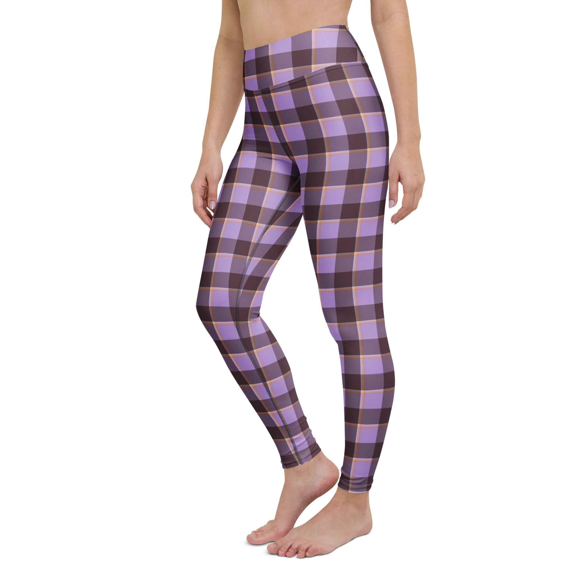 Yoga Leggings Light Wisteria and Livid Brown Plaid - Scottish Squares