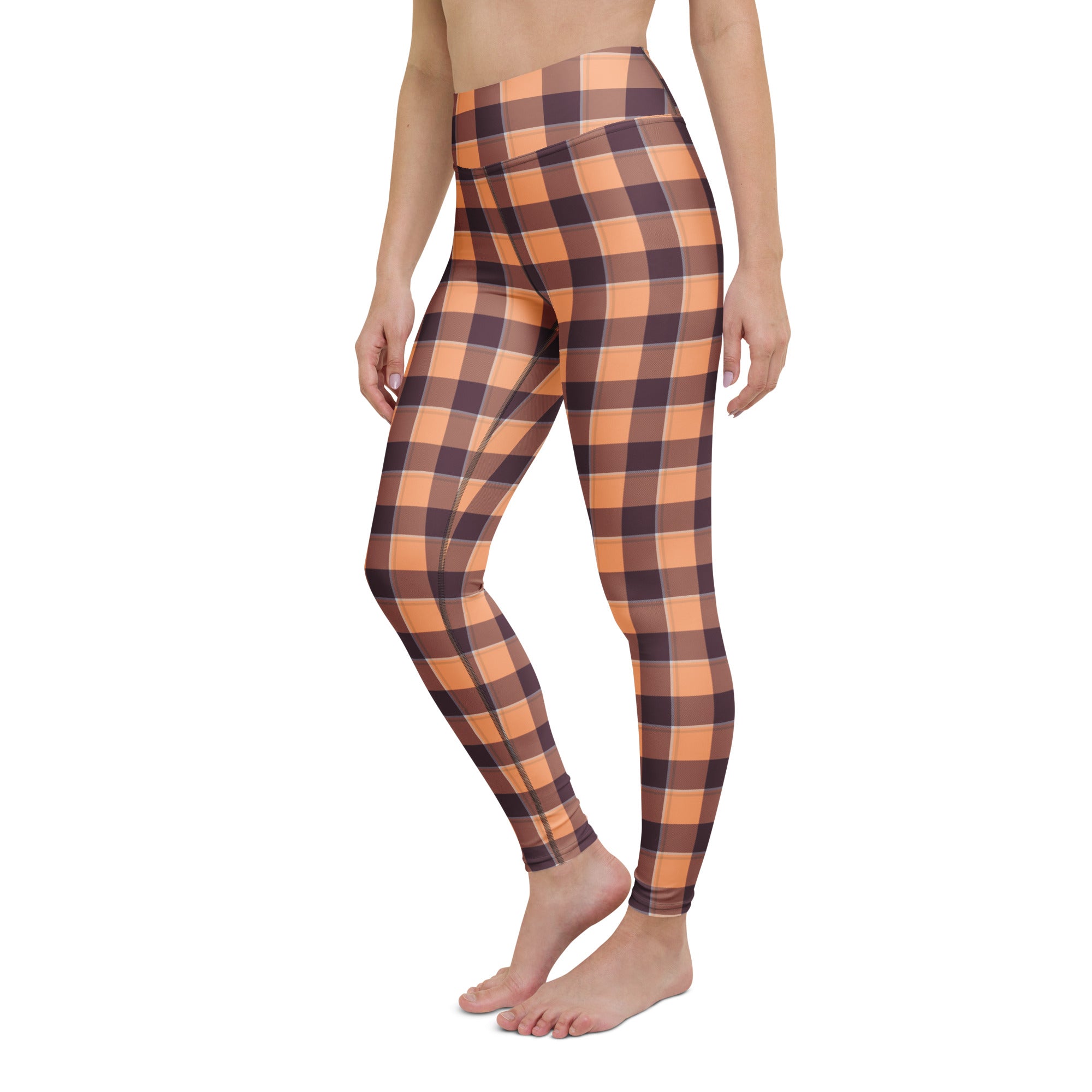 Yoga Leggings Hit Pink and Livid Brown Plaid - Scottish Squares