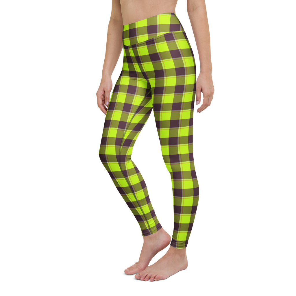Yoga Leggings Electric Lime and Livid Brown Plaid - Scottish Squares