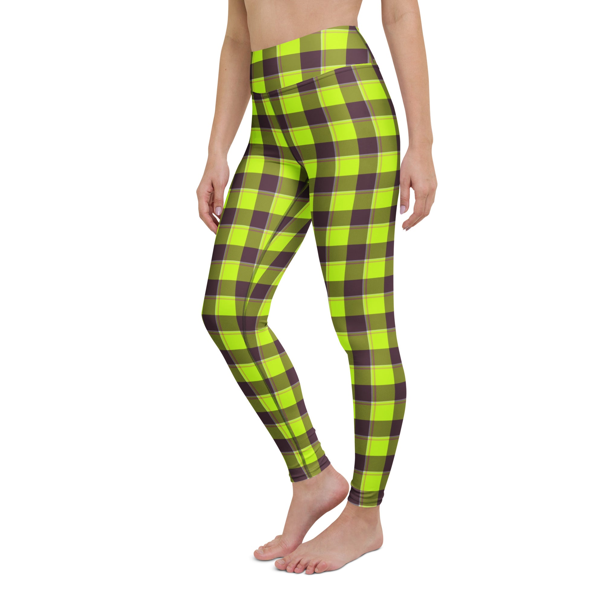 Yoga Leggings Electric Lime and Livid Brown Plaid - Scottish Squares