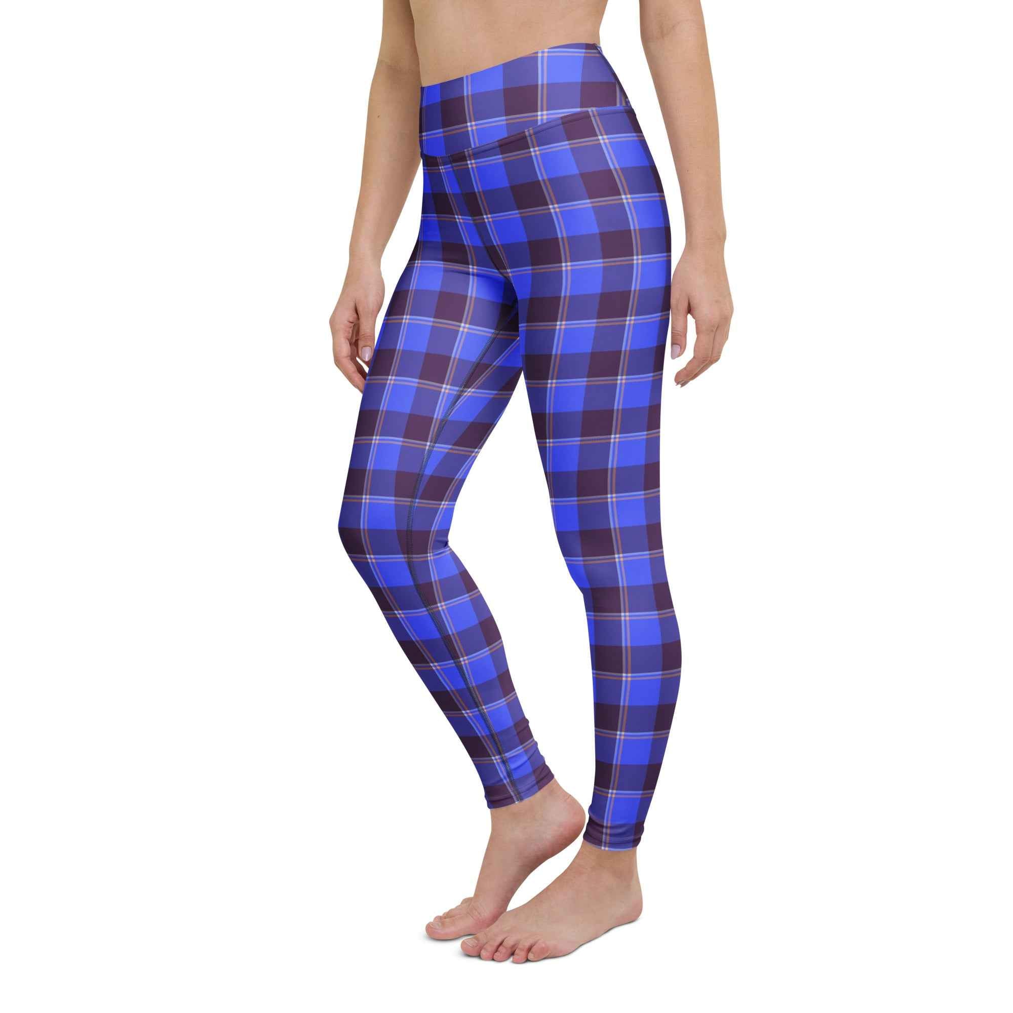 Yoga Leggings Cornflower Blue and Livid Brown Plaid - Scottish Squares