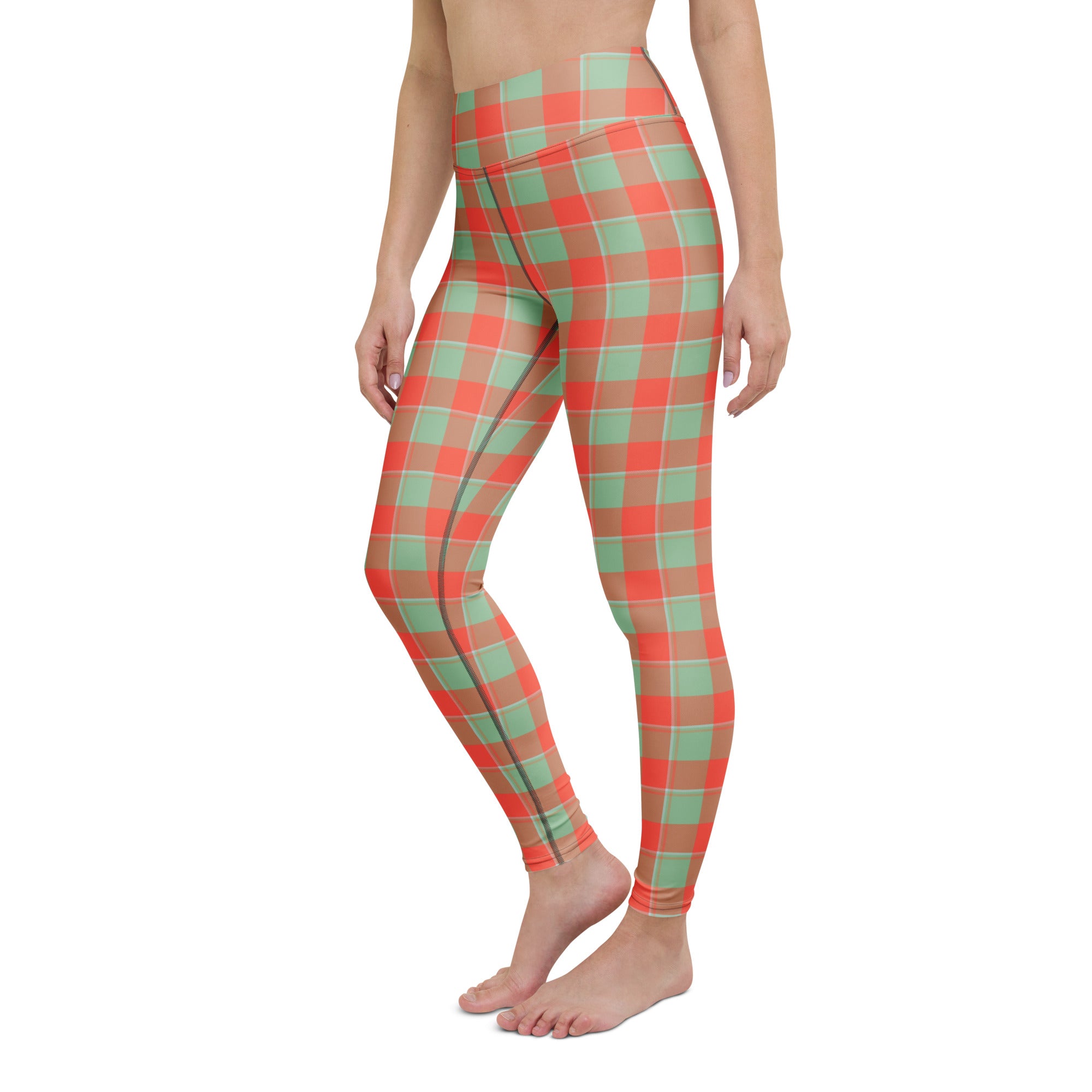 Yoga Leggings Spring Rain and Persimmon Plaid - Scottish Squares