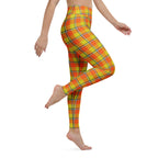 Yoga Leggings Blaze Orange and Bird Flower Plaid - Scottish Squares
