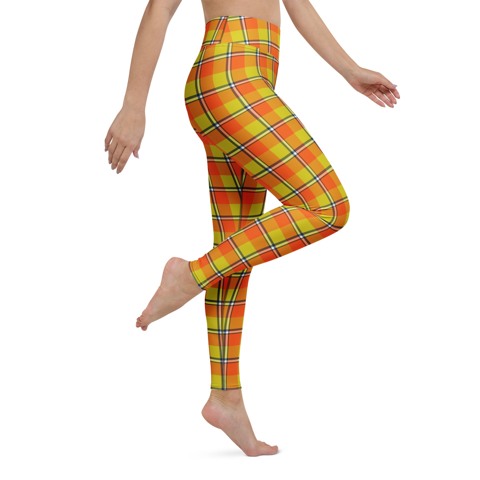 Yoga Leggings Blaze Orange and Bird Flower Plaid - Scottish Squares