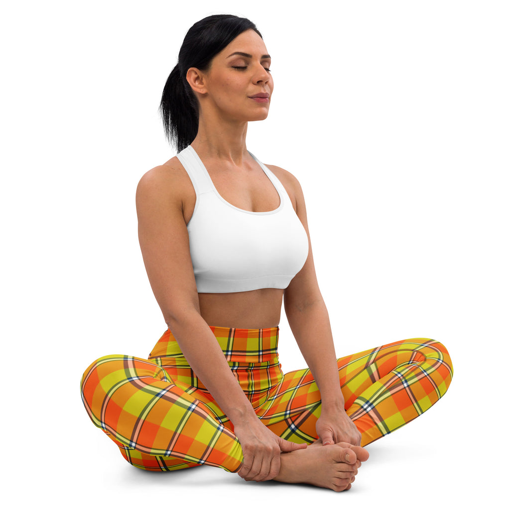 Yoga Leggings Blaze Orange and Bird Flower Plaid - Scottish Squares