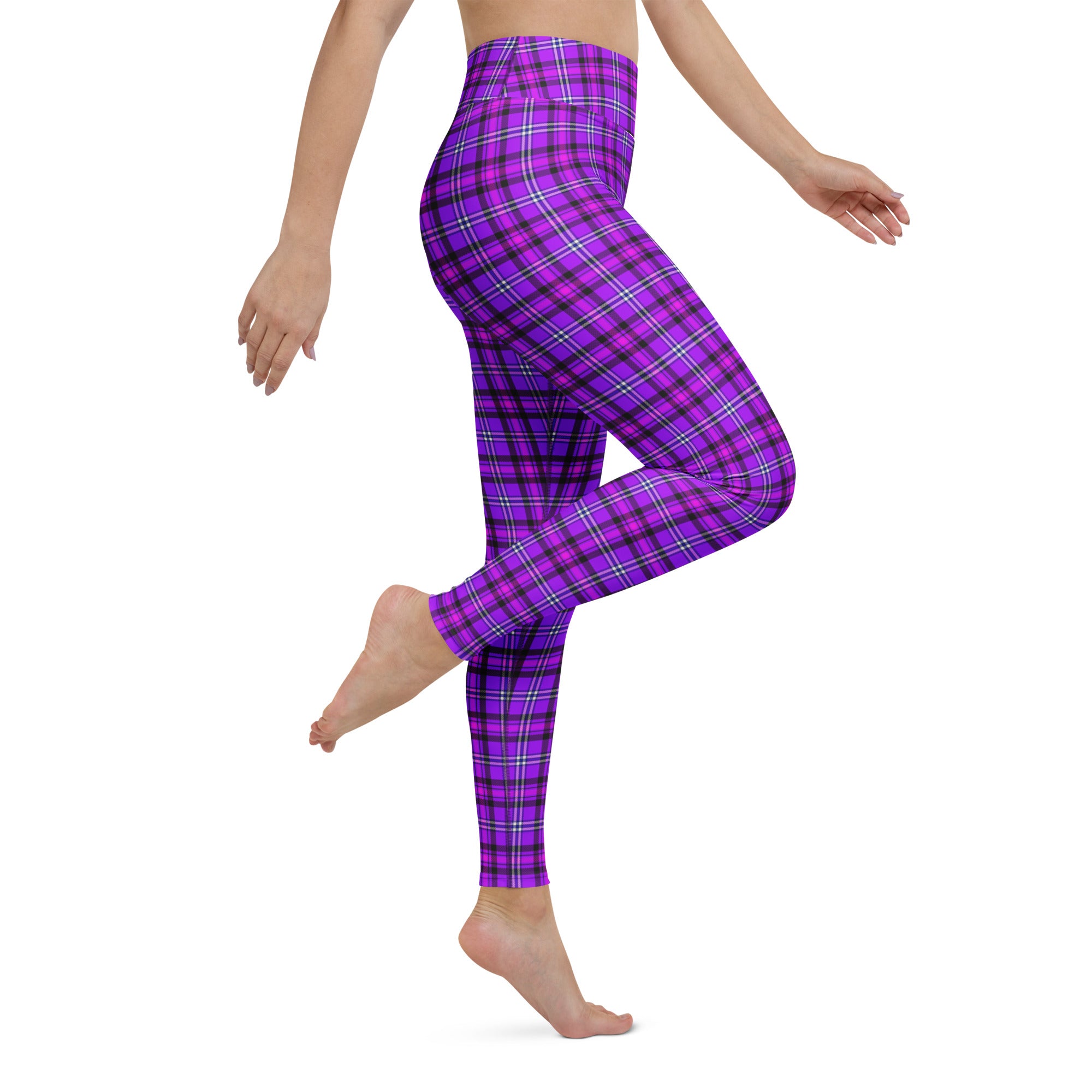 Yoga Leggings Electric Violet and Fuchsia Plaid - Scottish Squares