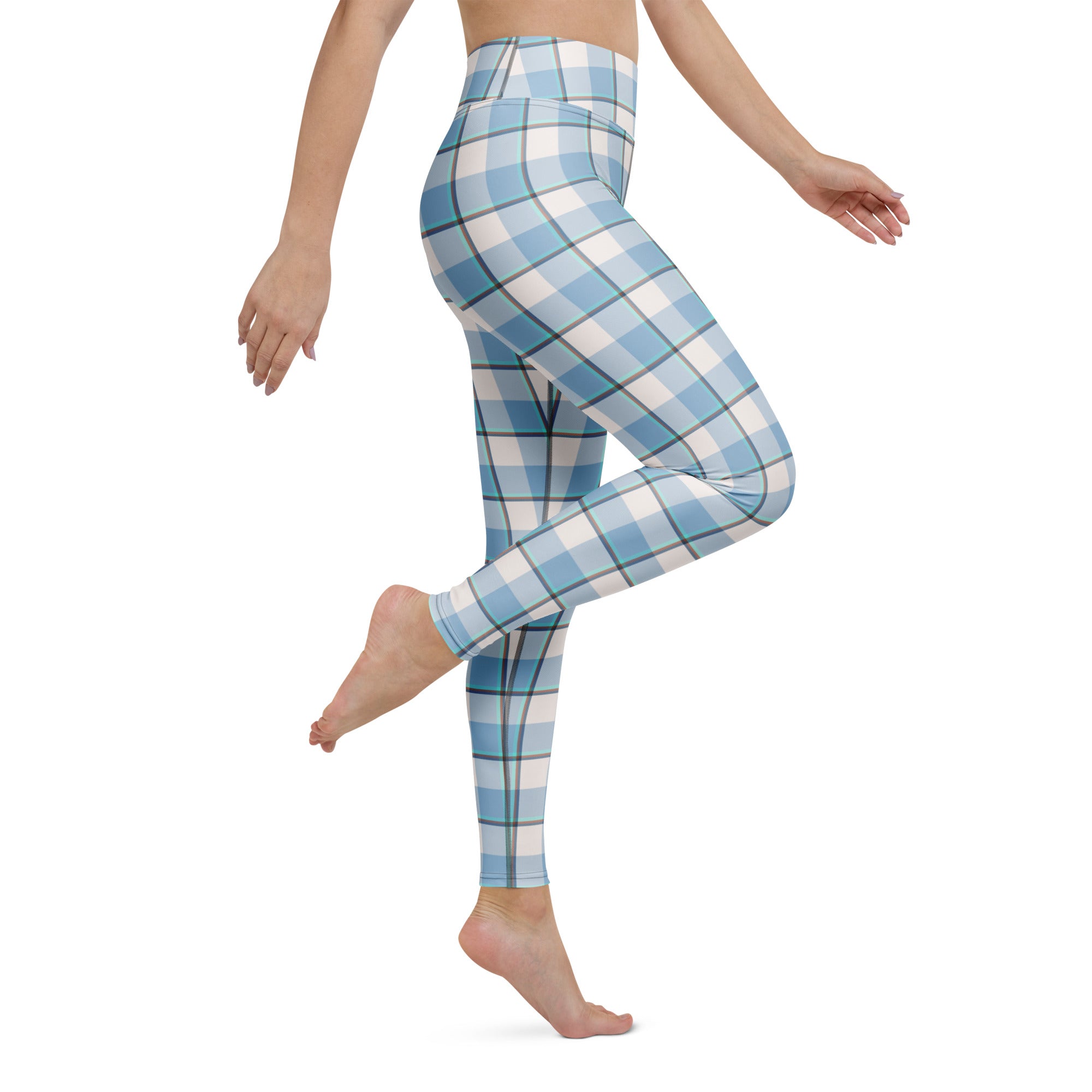 Yoga Leggings Pink Cloud and Blue Lagoon Plaid - Scottish Squares