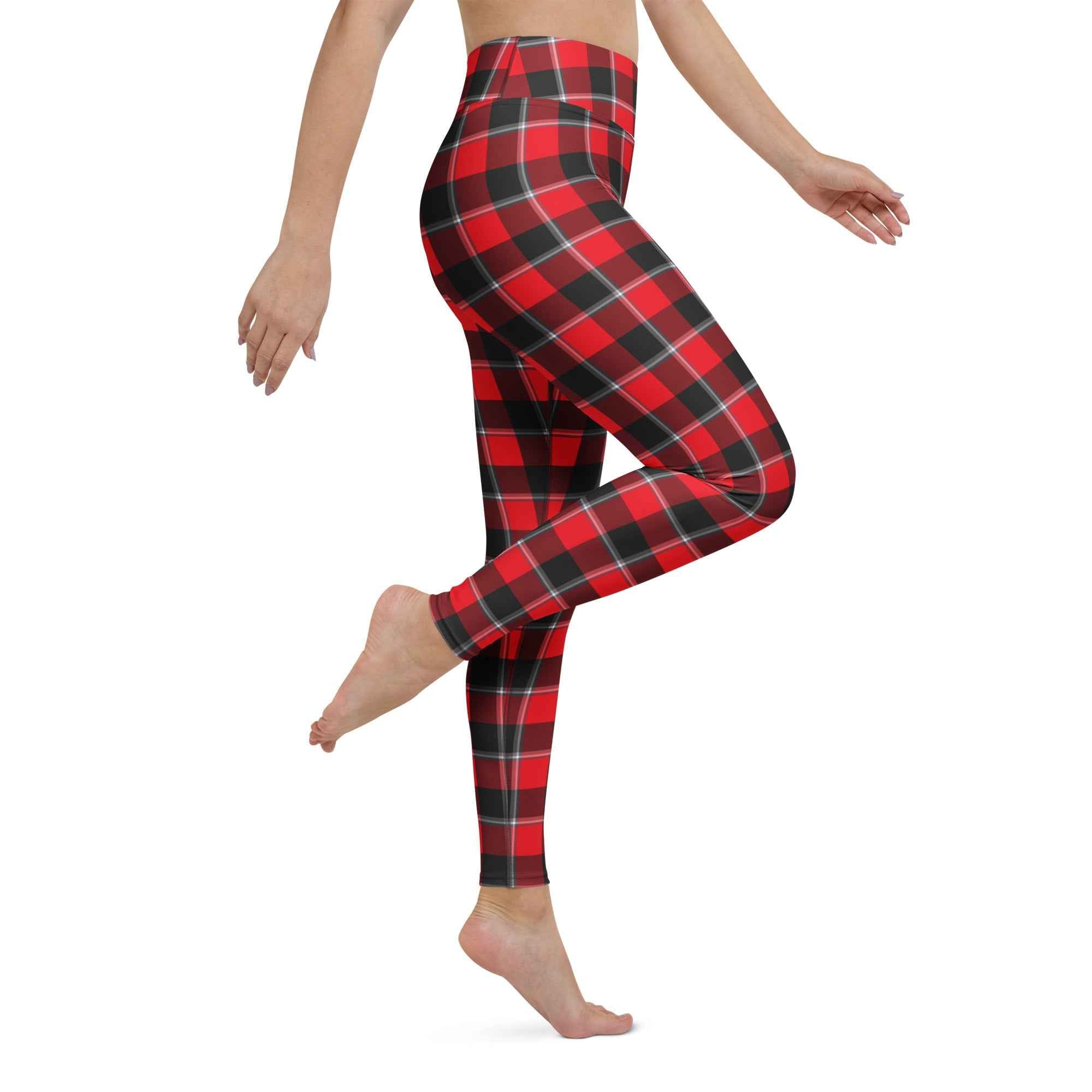 Yoga Leggings Red Ribbon and Heavy Metal Plaid - Scottish Squares
