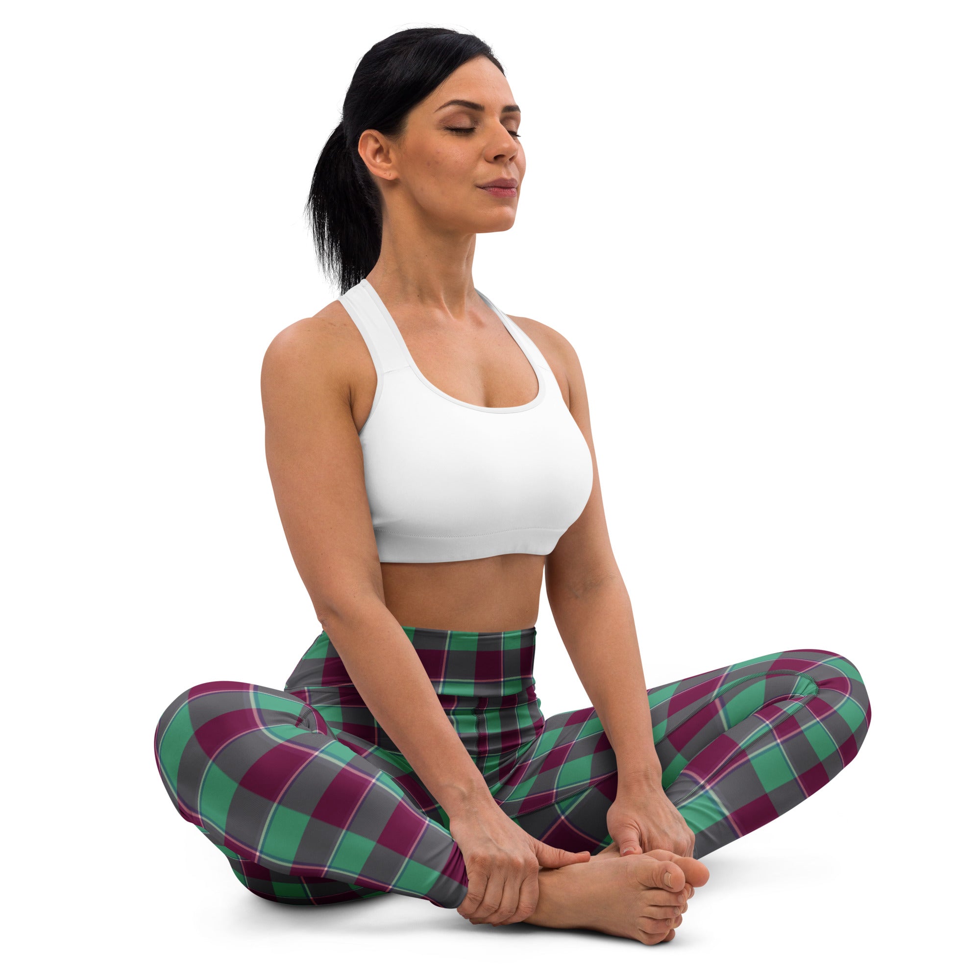 Yoga Leggings Ocean Green and Mulberry Wood Plaid - Scottish Squares