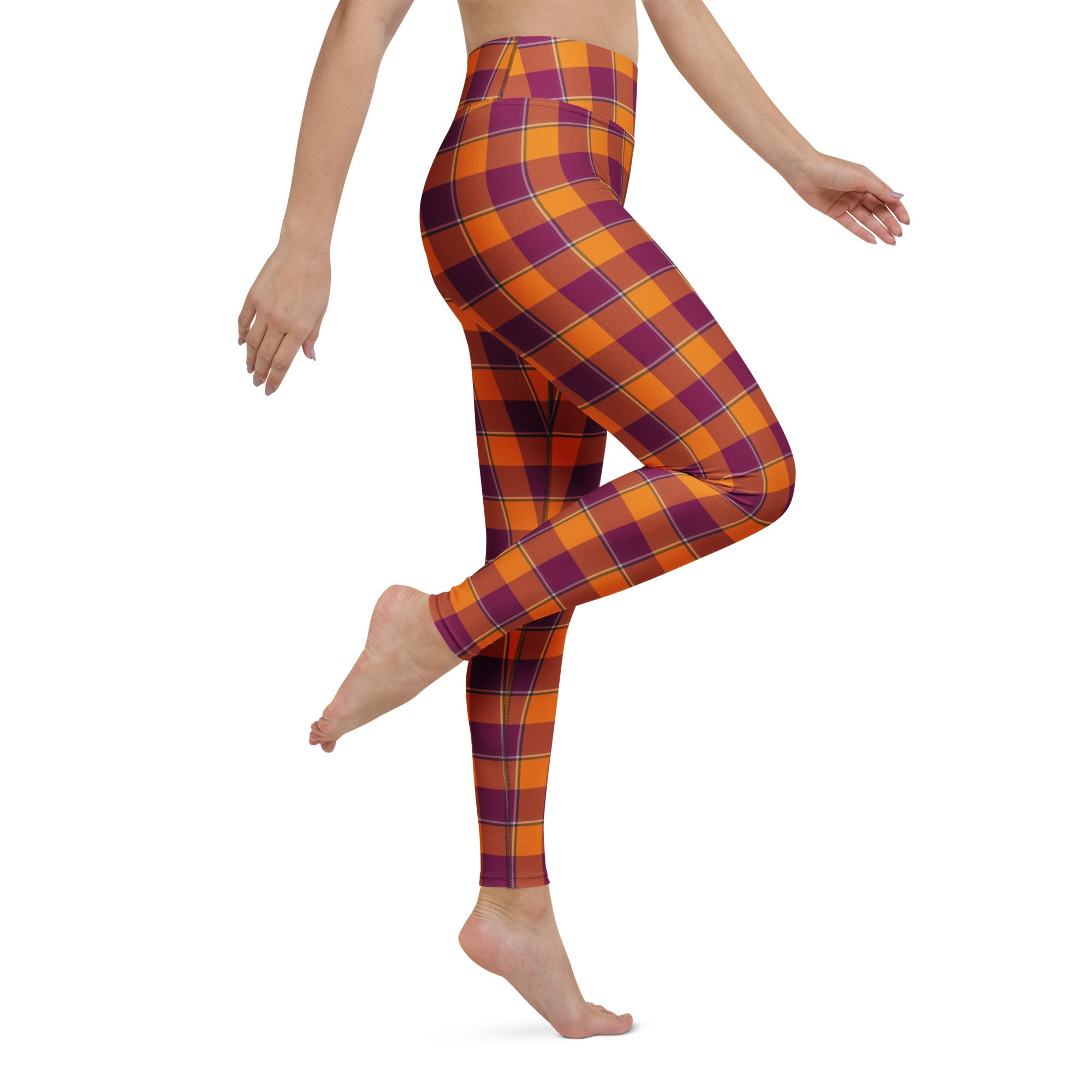 Yoga Leggings Tahiti Gold and Rose Bud Cherry Plaid - Scottish Squares