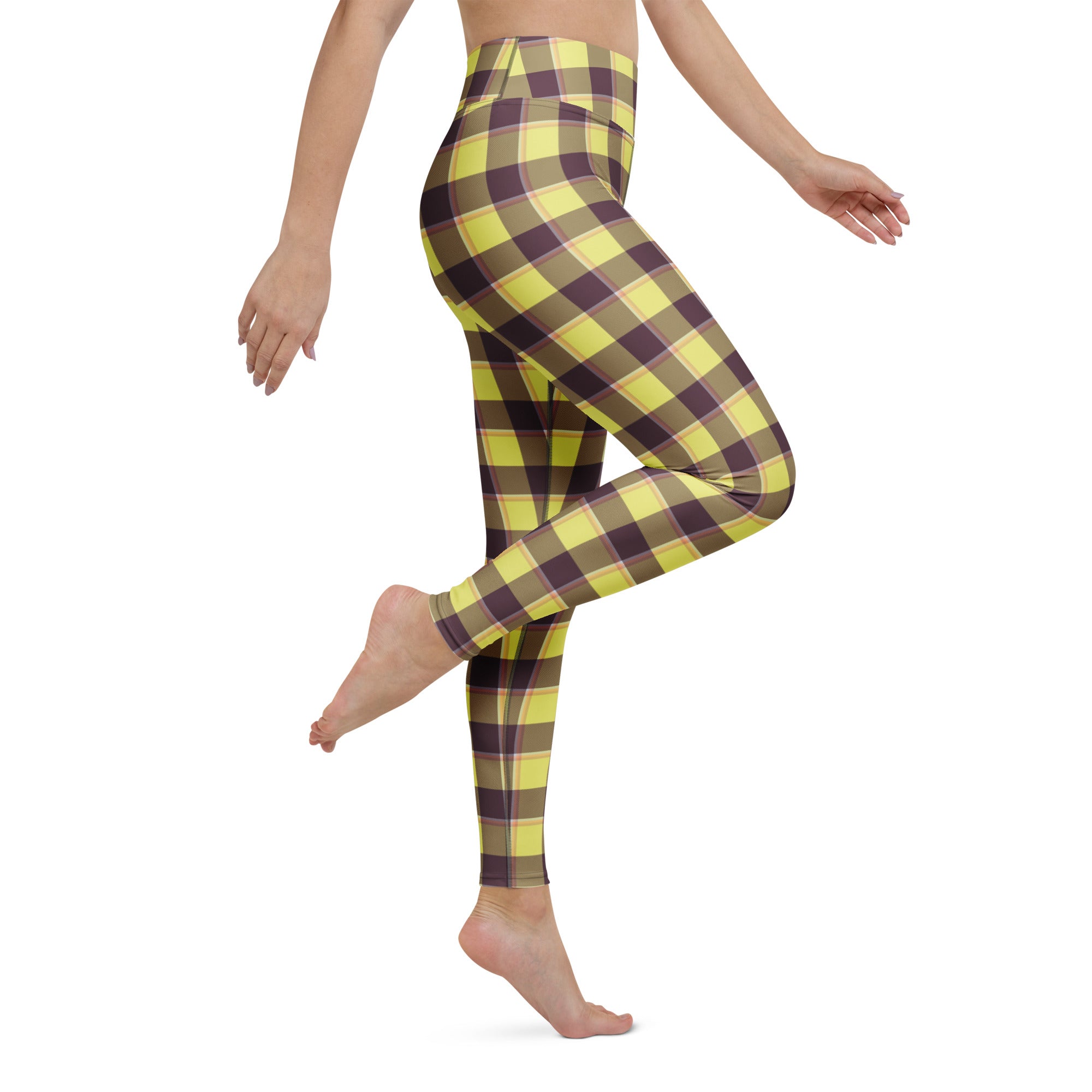 Yoga Leggings Flax and Livid Brown Plaid - Scottish Squares
