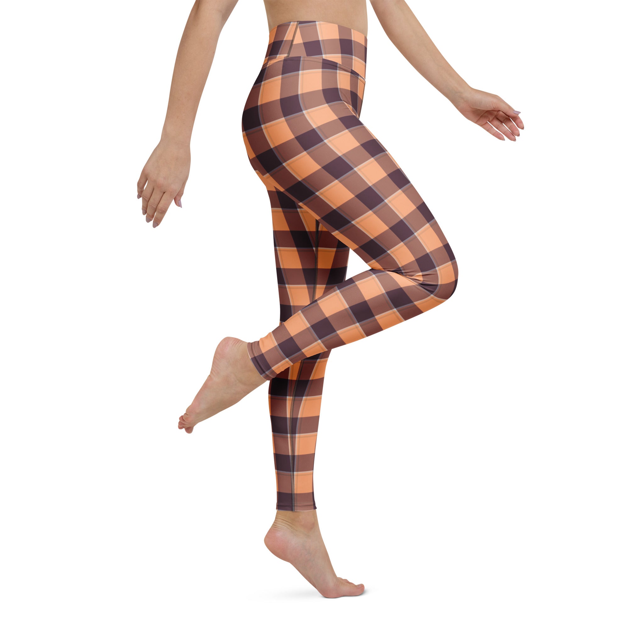 Yoga Leggings Hit Pink and Livid Brown Plaid - Scottish Squares