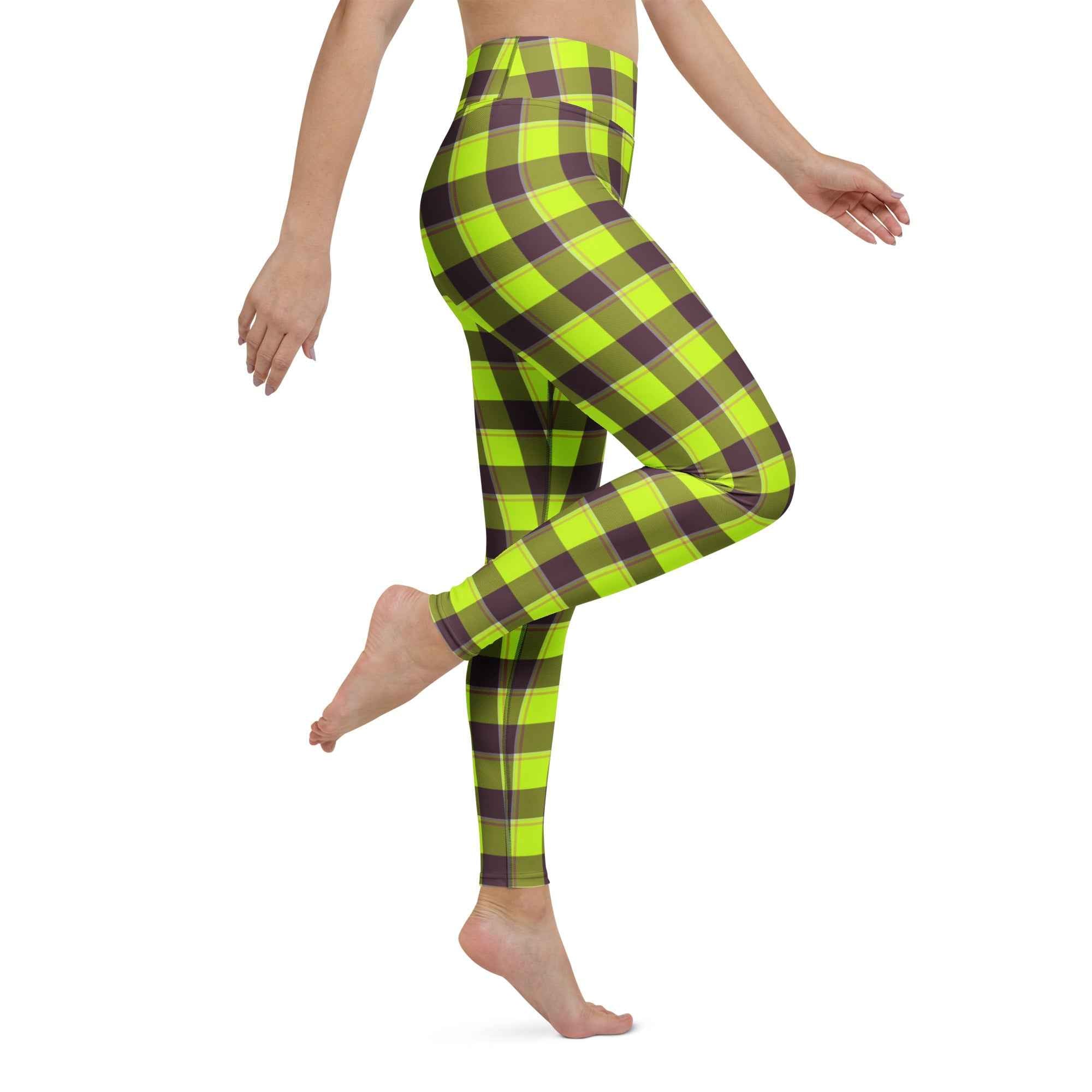Yoga Leggings Electric Lime and Livid Brown Plaid - Scottish Squares