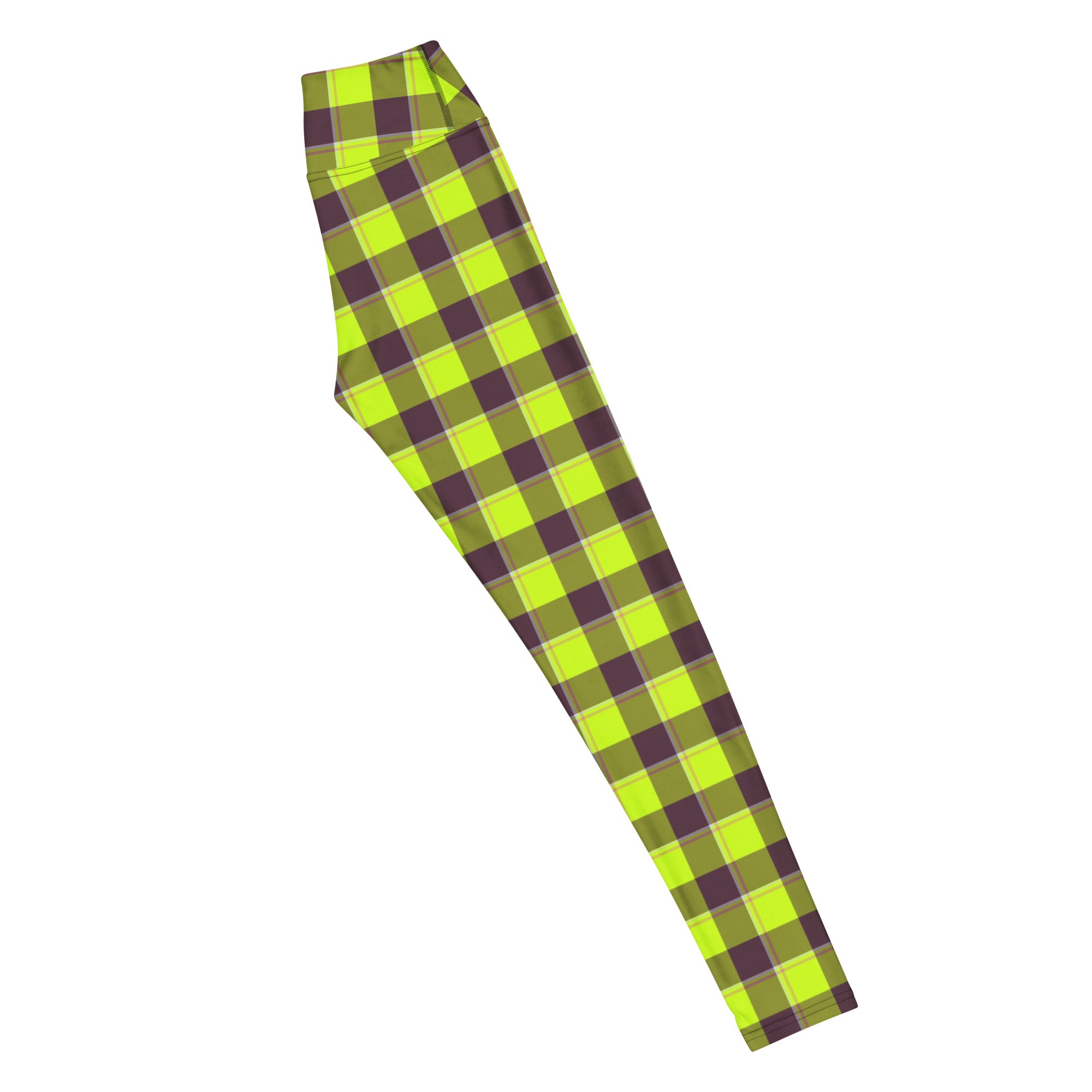 Yoga Leggings Electric Lime and Livid Brown Plaid - Scottish Squares