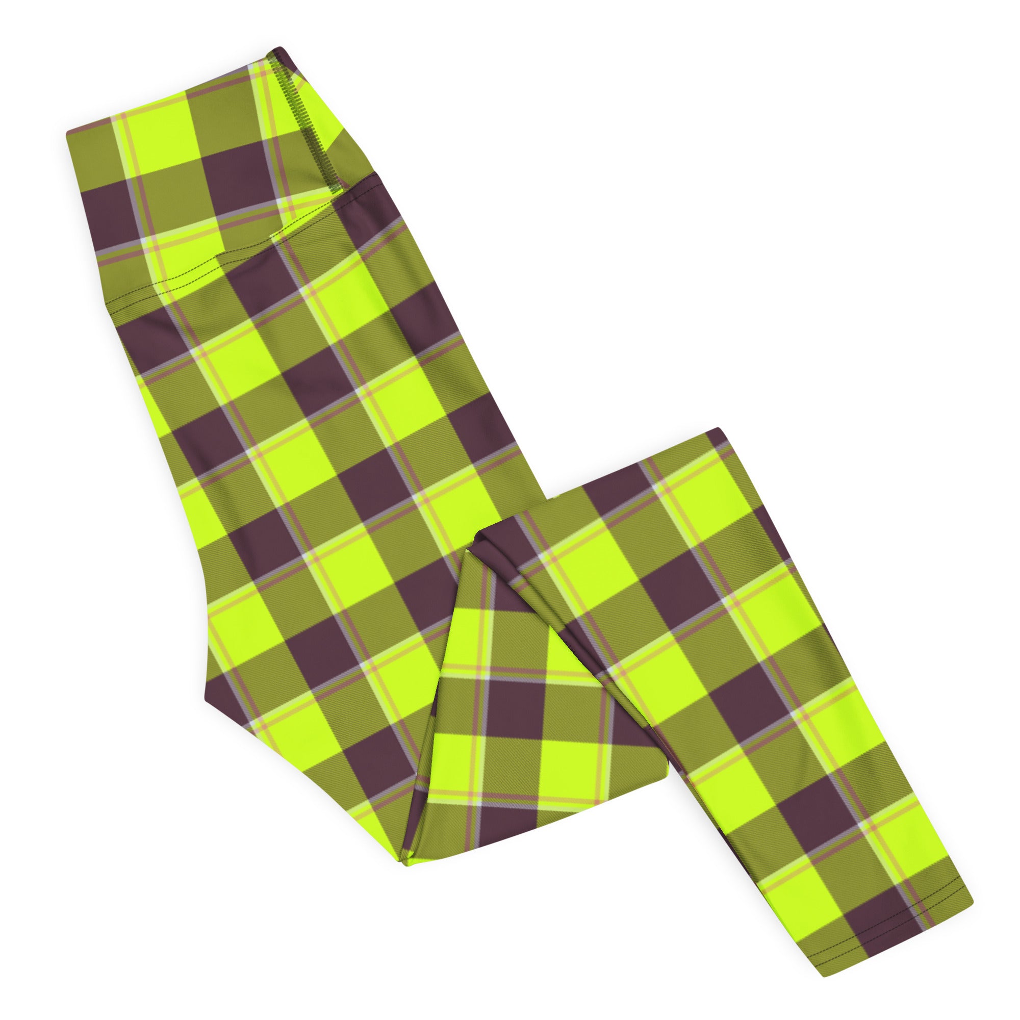 Yoga Leggings Electric Lime and Livid Brown Plaid - Scottish Squares