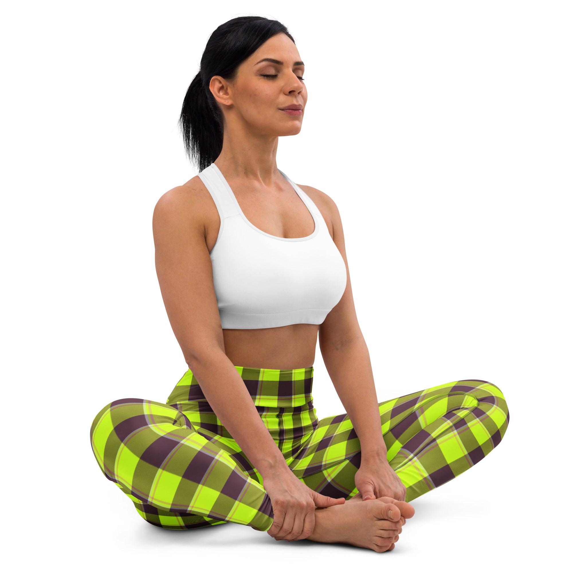 Yoga Leggings Electric Lime and Livid Brown Plaid - Scottish Squares