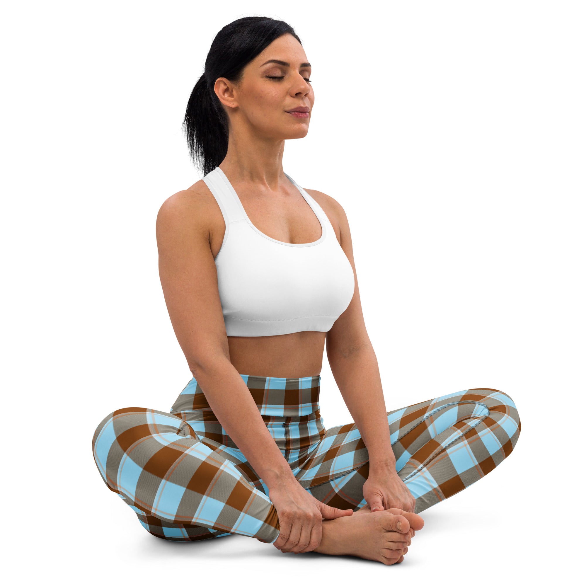 Yoga Leggings Blizzard Blue and Livid Brown Plaid - Scottish Squares