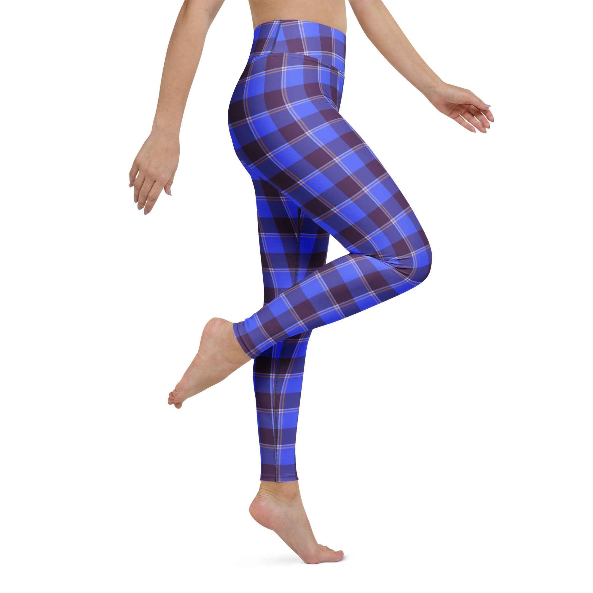 Yoga Leggings Cornflower Blue and Livid Brown Plaid - Scottish Squares