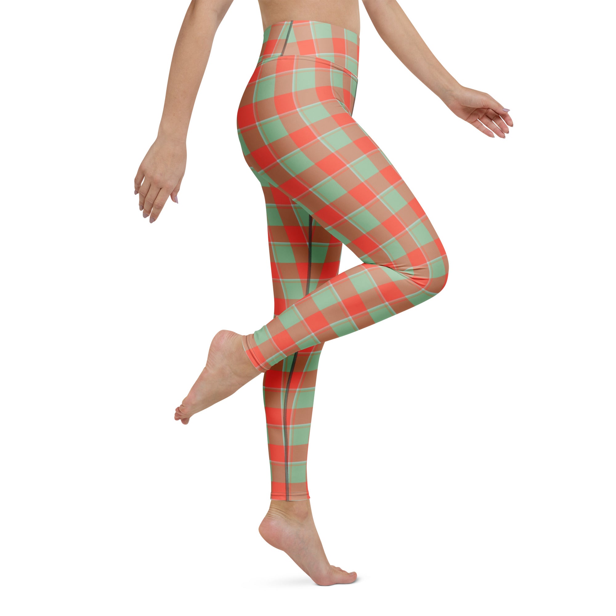 Yoga Leggings Spring Rain and Persimmon Plaid - Scottish Squares