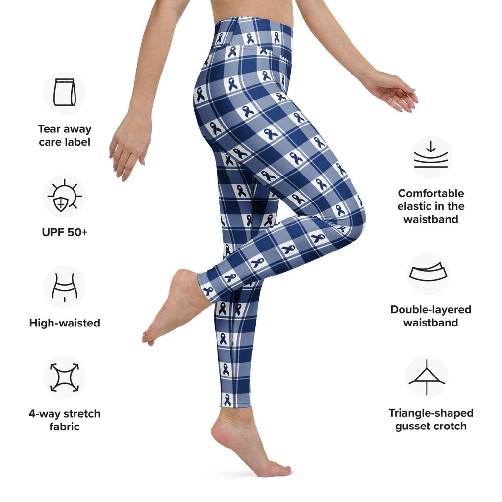 Yoga Leggings Colorectal Cancer Awareness Plaid, Dark Blue Ribbon, Supportive Gift - Scottish Squares