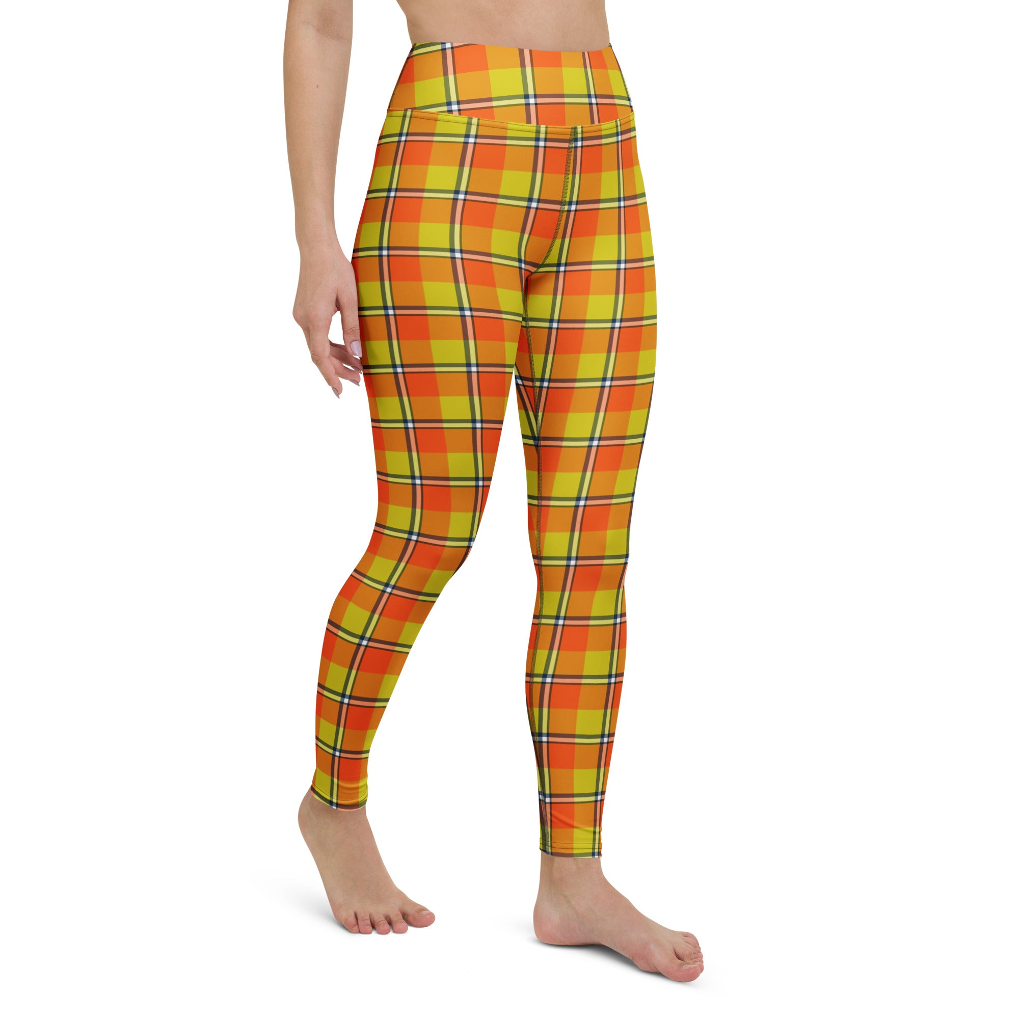 Yoga Leggings Blaze Orange and Bird Flower Plaid - Scottish Squares