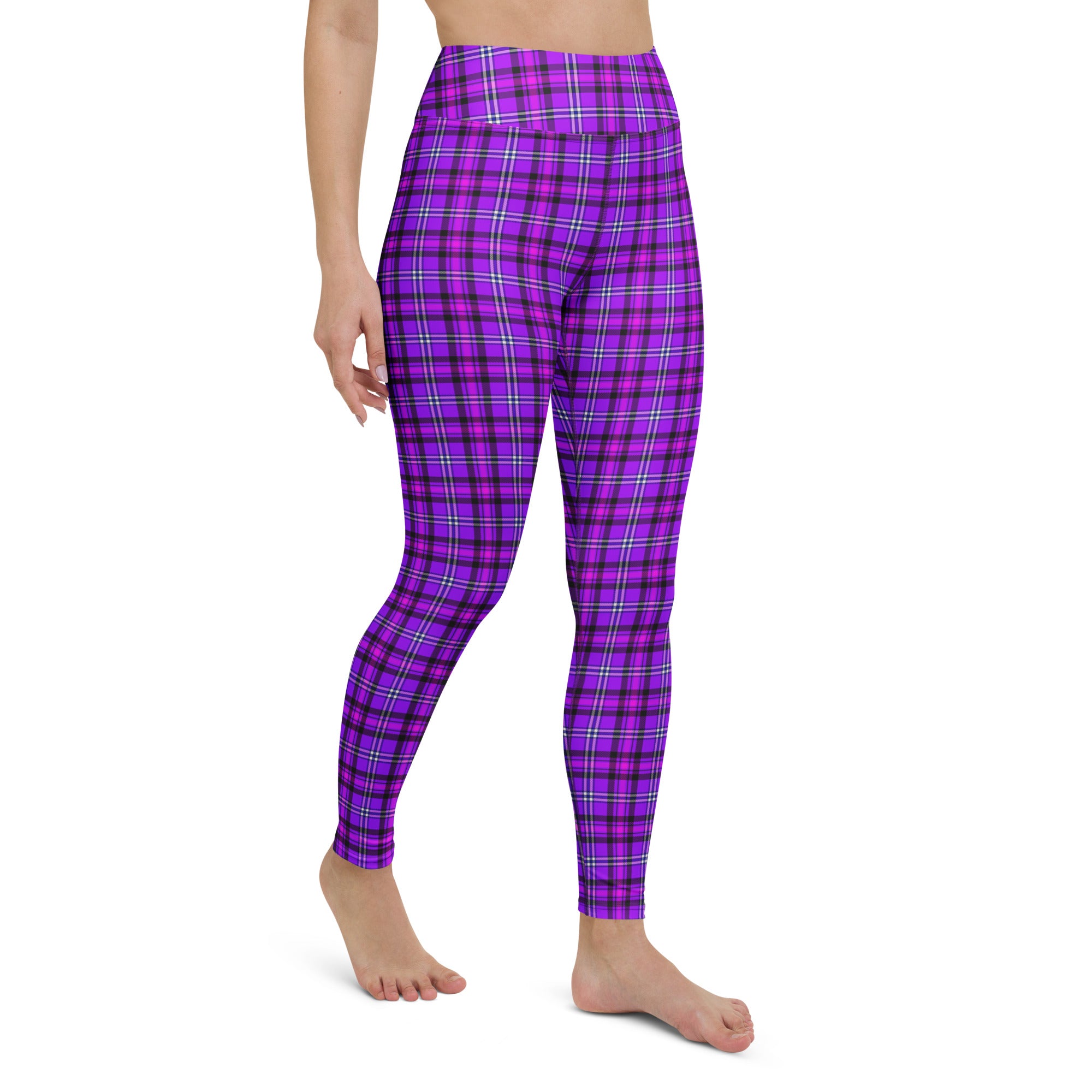 Yoga Leggings Electric Violet and Fuchsia Plaid - Scottish Squares