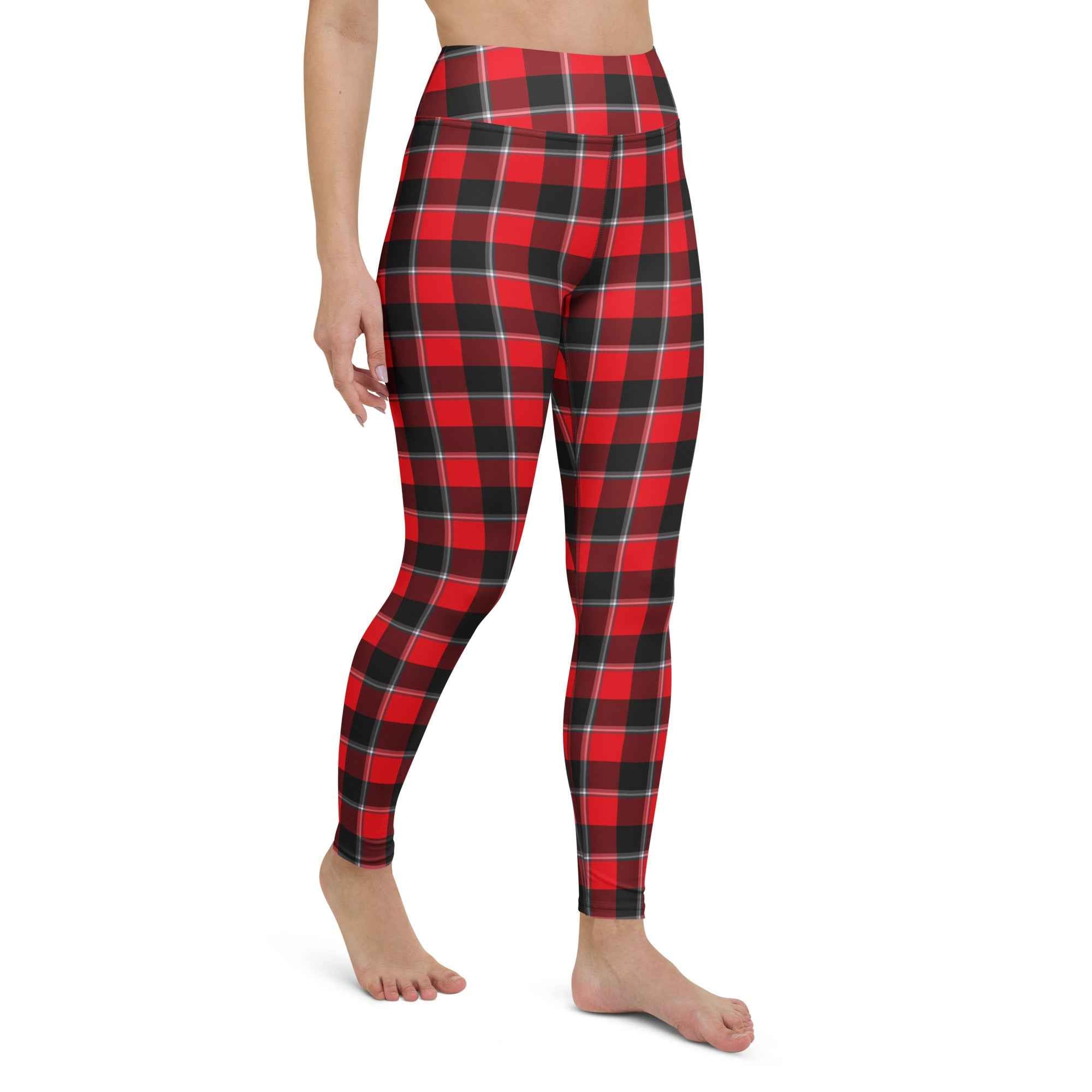 Yoga Leggings Red Ribbon and Heavy Metal Plaid - Scottish Squares