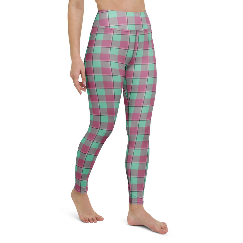 Yoga Leggings Vista Blue and Turkish Rose Plaid - Scottish Squares