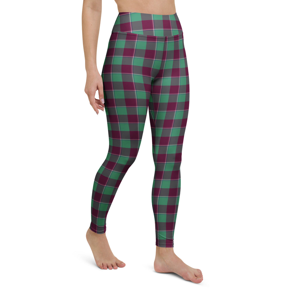 Yoga Leggings Ocean Green and Mulberry Wood Plaid - Scottish Squares