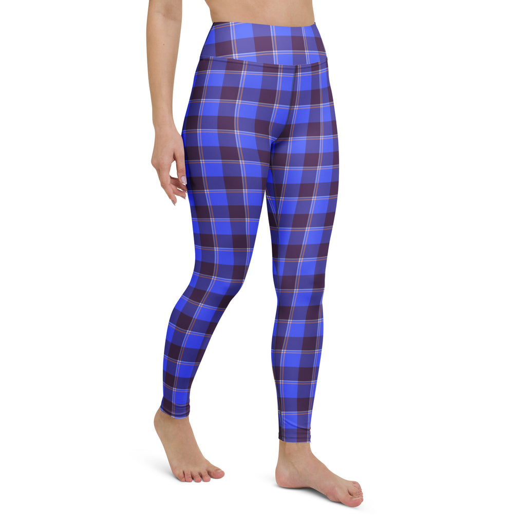 Yoga Leggings Cornflower Blue and Livid Brown Plaid - Scottish Squares