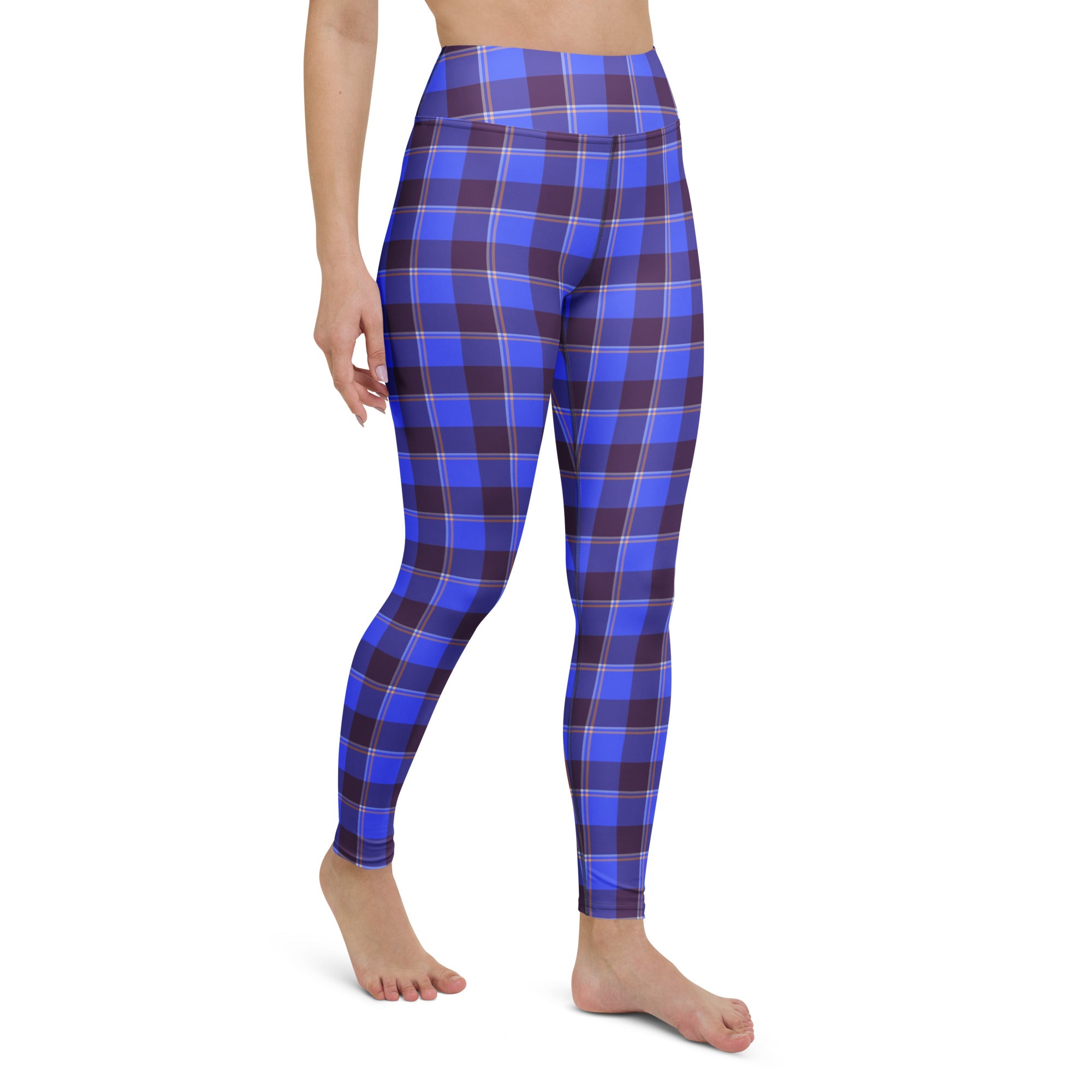 Yoga Leggings Cornflower Blue and Livid Brown Plaid - Scottish Squares