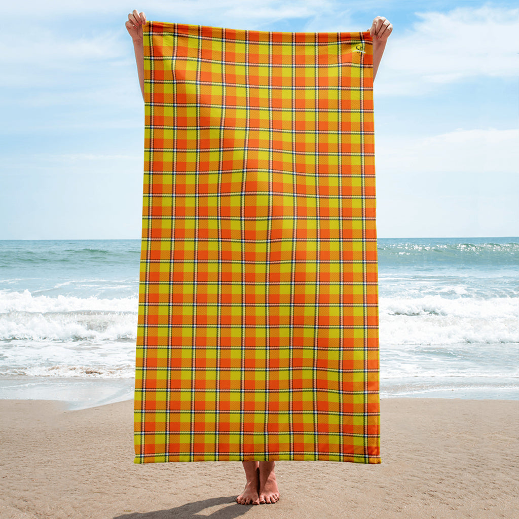 Blaze Orange and Bird Flower Plaid Beach Towel - Scottish Squares