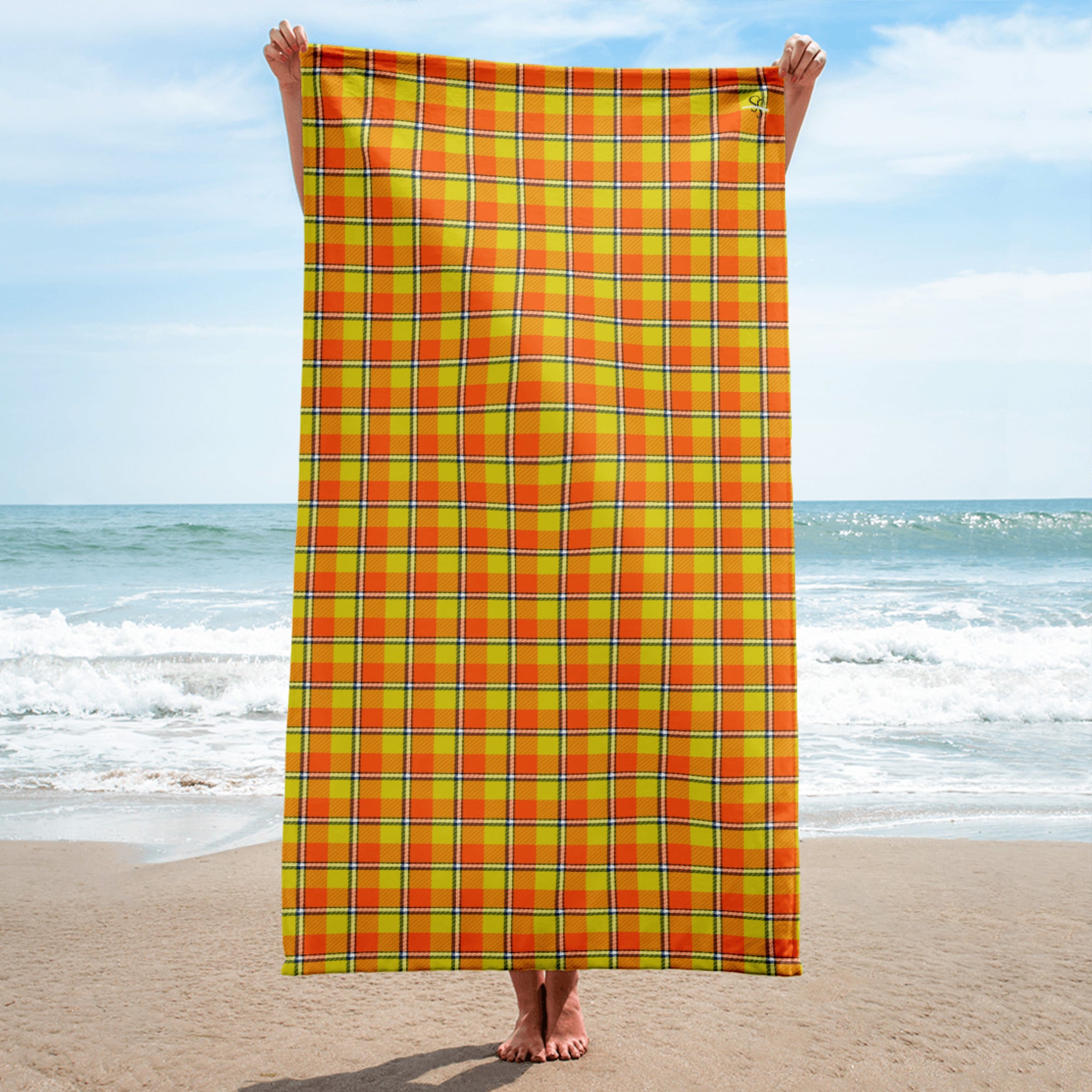 Blaze Orange and Bird Flower Plaid Beach Towel - Scottish Squares
