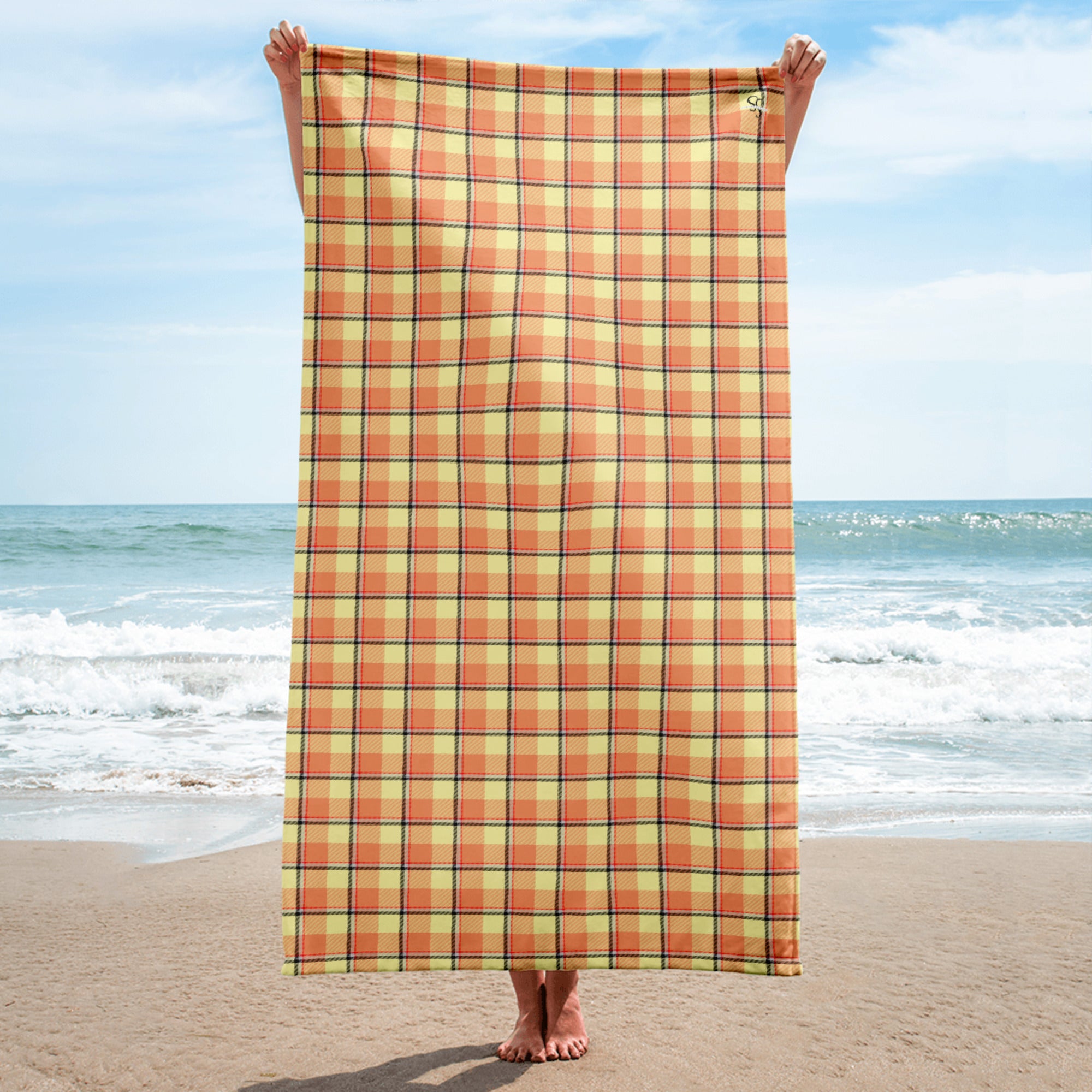 Claystone and Morning Mist Plaid Beach Towel - Scottish Squares