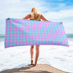 Mauve and Coastal Mist Plaid Beach Towel - Scottish Squares