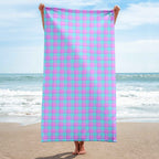 Mauve and Coastal Mist Plaid Beach Towel - Scottish Squares