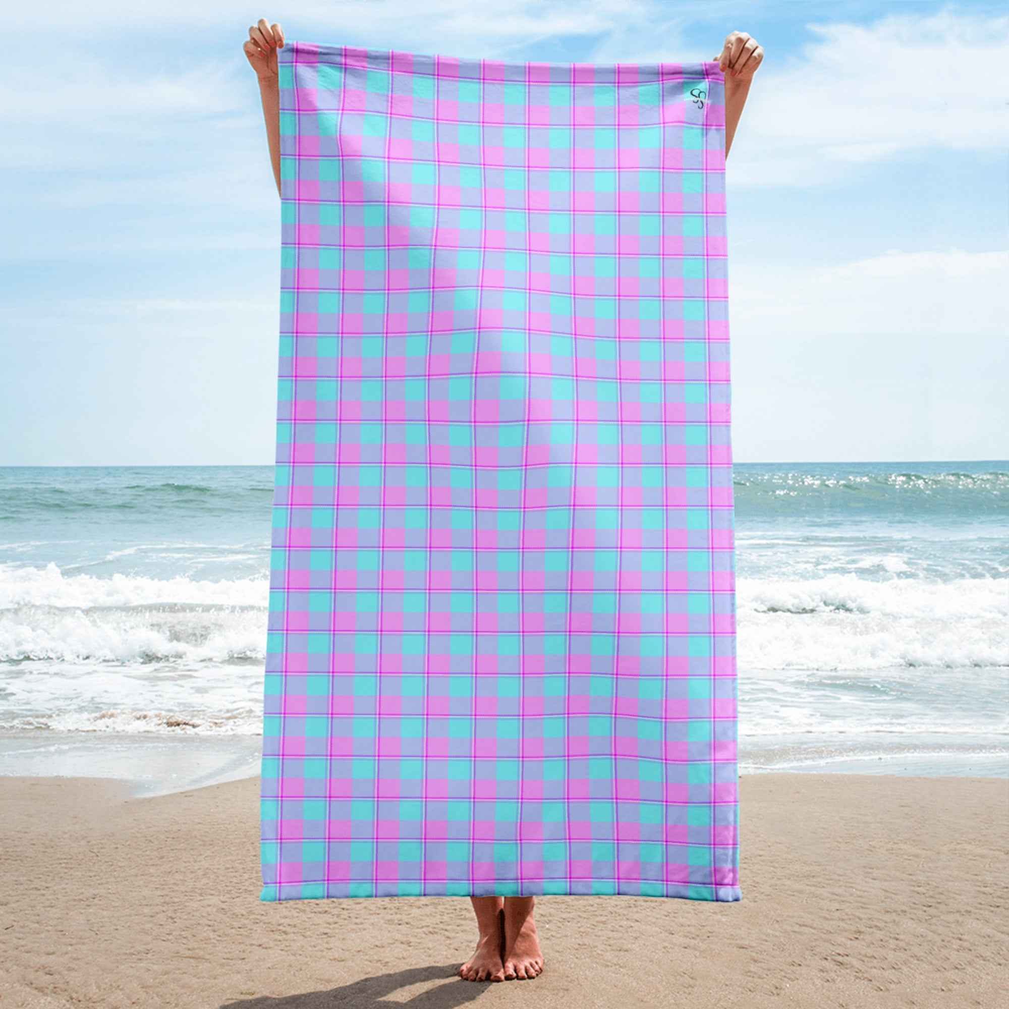 Mauve and Coastal Mist Plaid Beach Towel - Scottish Squares