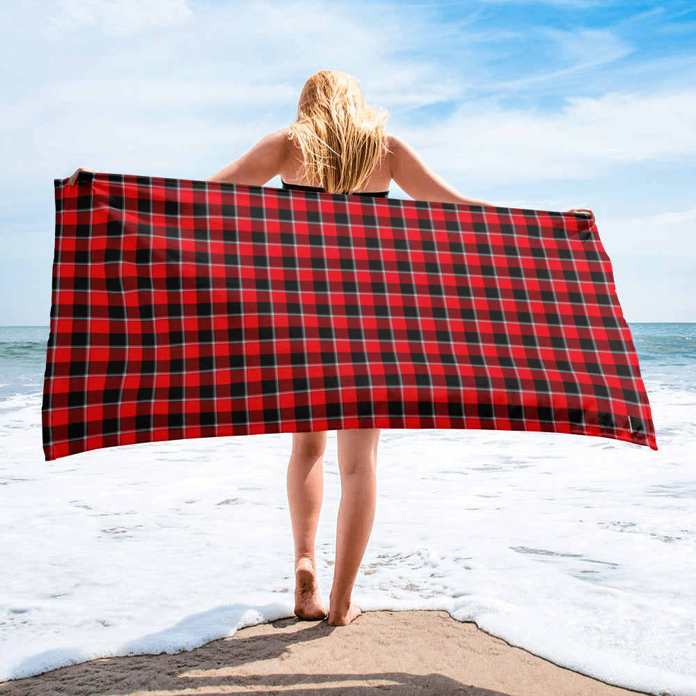 Red Ribbon and Heavy Metal Plaid Beach Towel - Scottish Squares