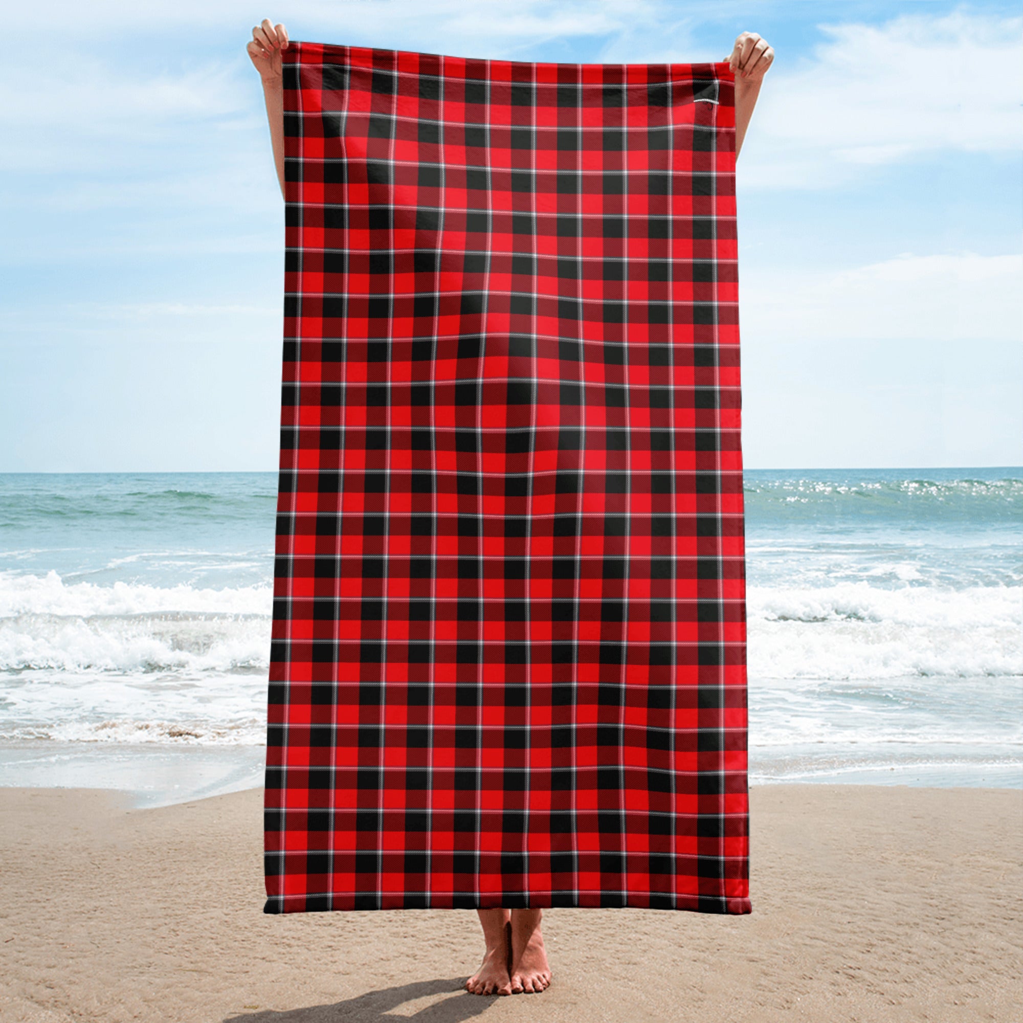Red Ribbon and Heavy Metal Plaid Beach Towel - Scottish Squares