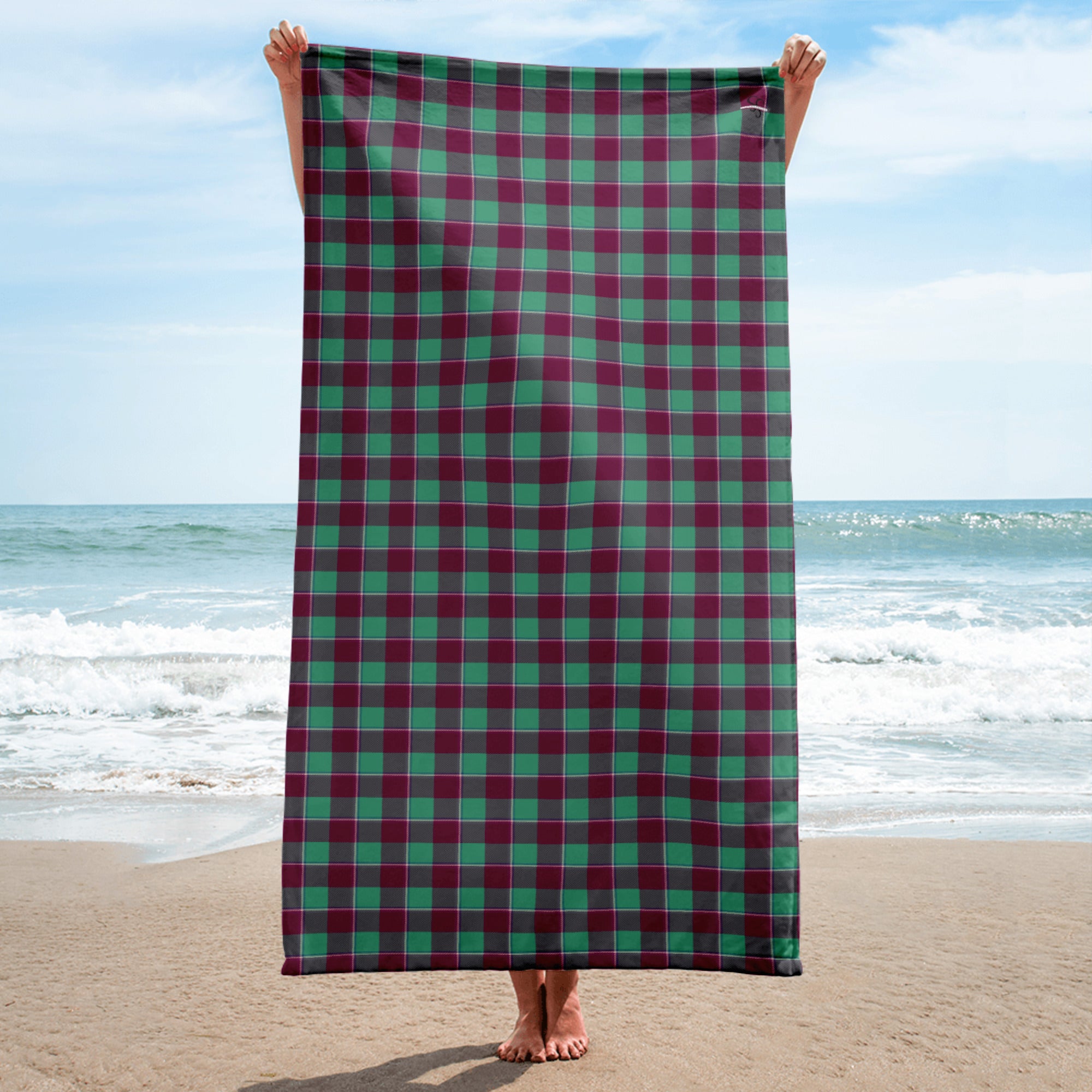 Ocean Green and Mulberry Wood Plaid Beach Towel - Scottish Squares