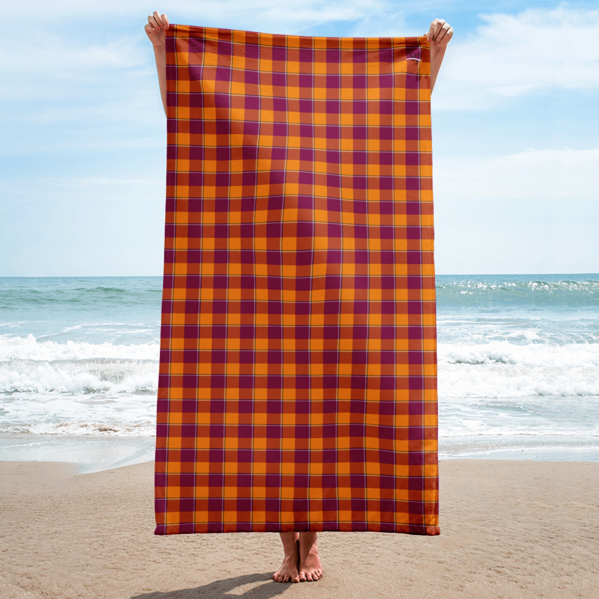 Tahiti Gold and Rose Bud Cherry Plaid Beach Towel - Scottish Squares