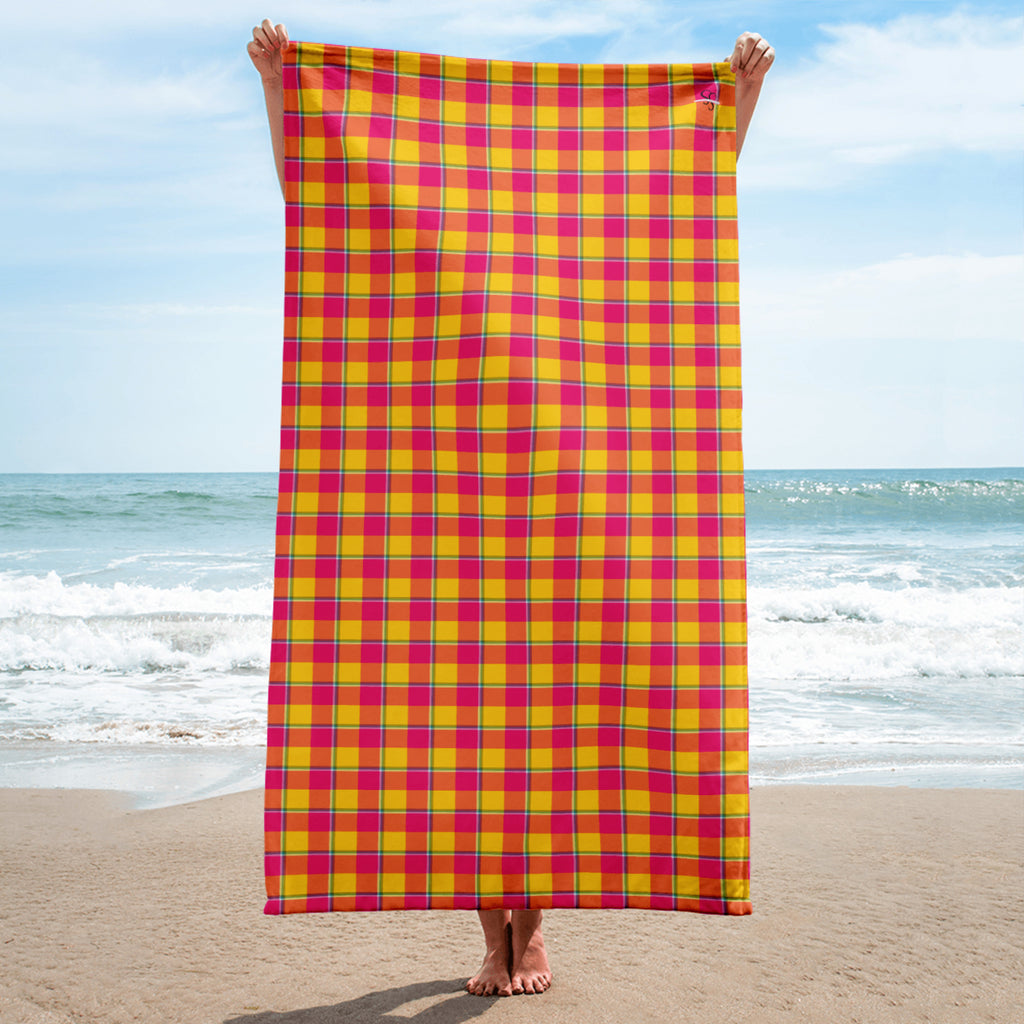 Corn and Razzmatazz Plaid Beach Towel - Scottish Squares