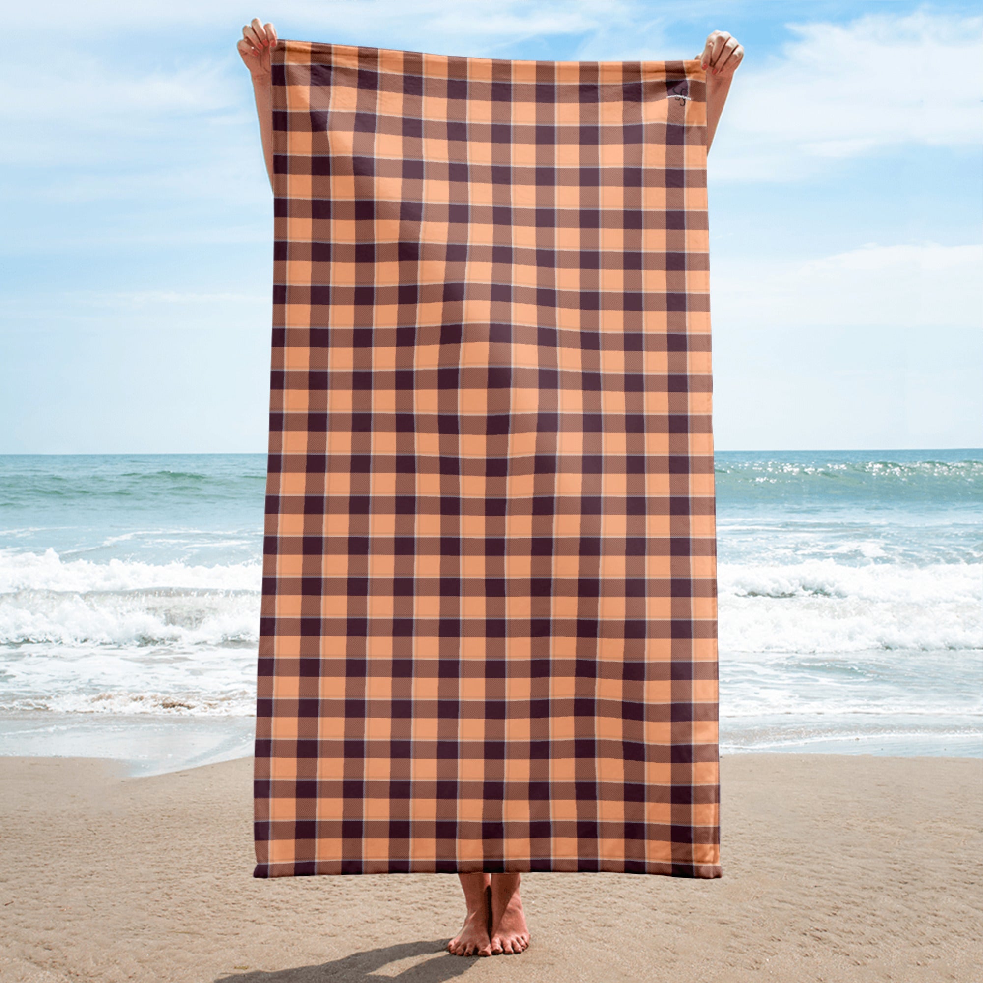 Hit Pink and Livid Brown Plaid Beach Towel - Scottish Squares