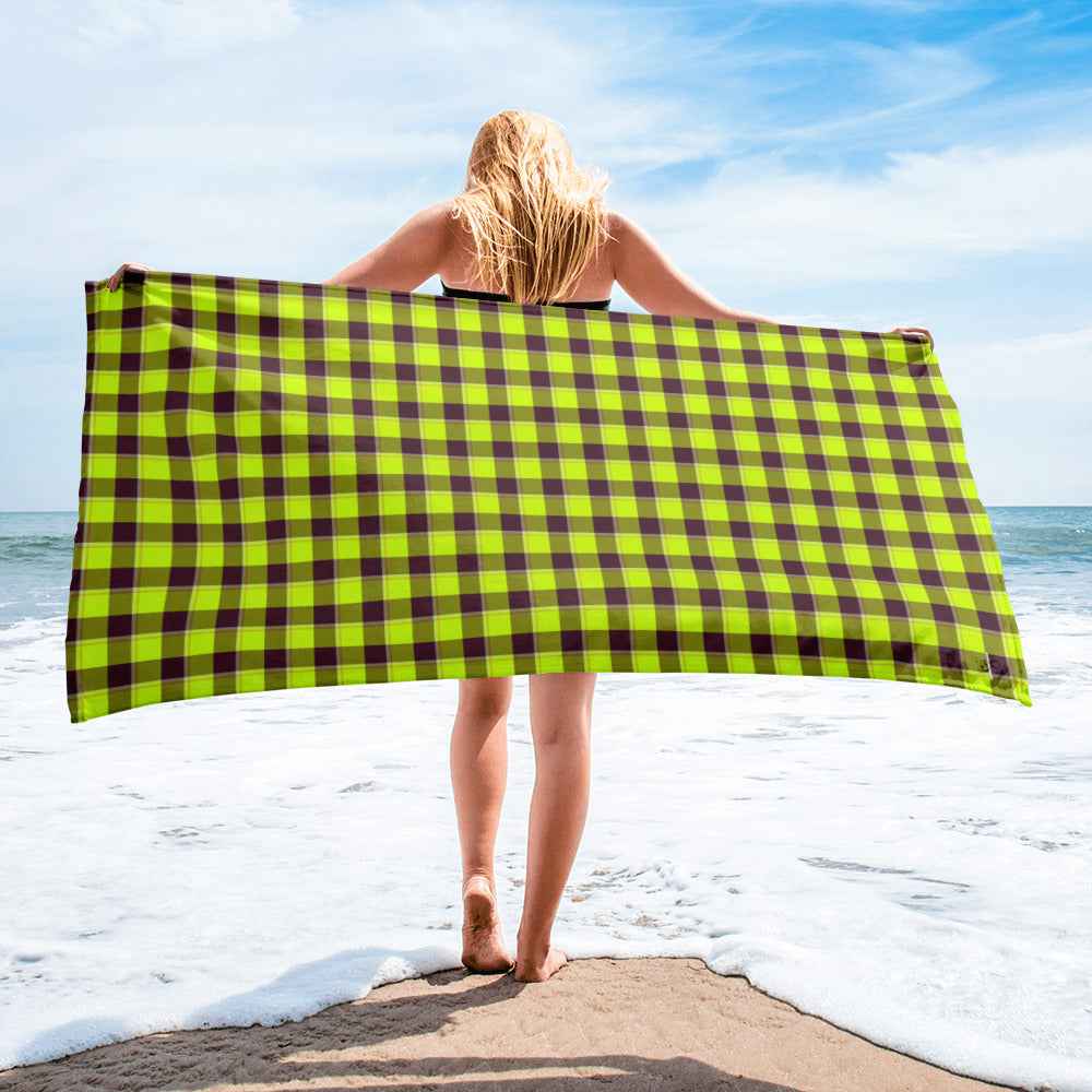 Electric Lime and Livid Brown Plaid Beach Towel - Scottish Squares