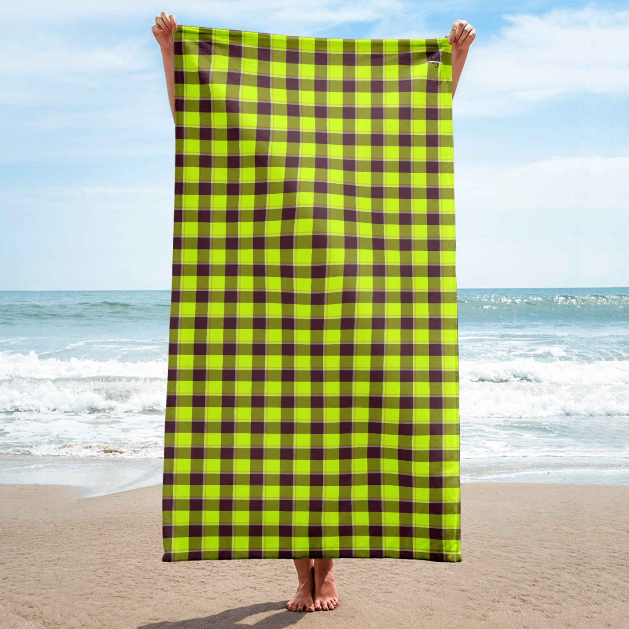 Electric Lime and Livid Brown Plaid Beach Towel - Scottish Squares