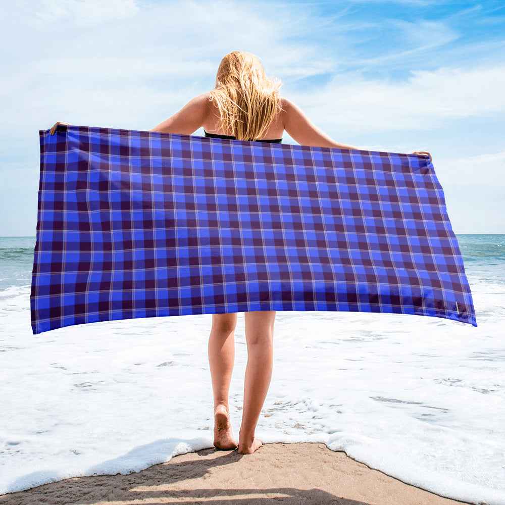 Cornflower Blue and Livid Brown Plaid Beach Towel - Scottish Squares