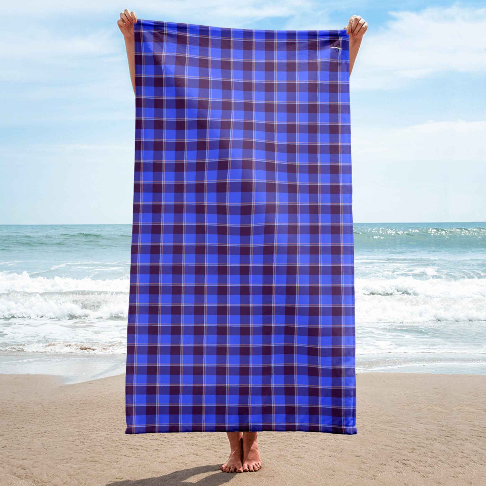 Cornflower Blue and Livid Brown Plaid Beach Towel - Scottish Squares