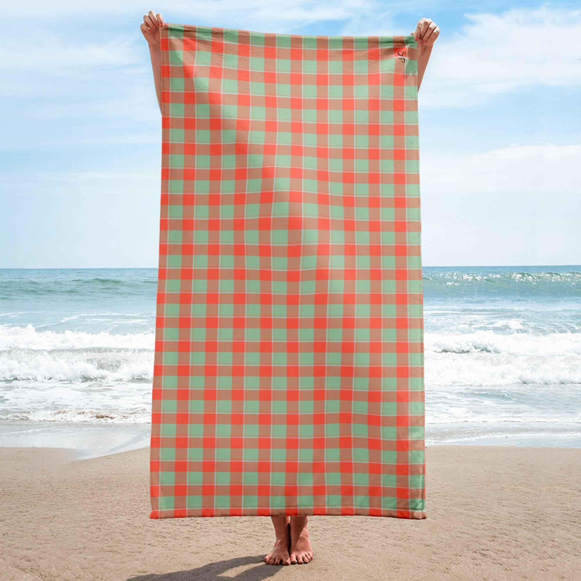 Spring Rain and Persimmon Plaid Beach Towel - Scottish Squares