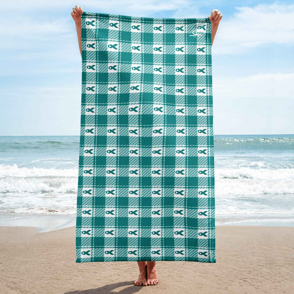 Beach Towel Cervical Cancer Awareness Plaid, Teal Ribbon, Supportive Gift - Scottish Squares