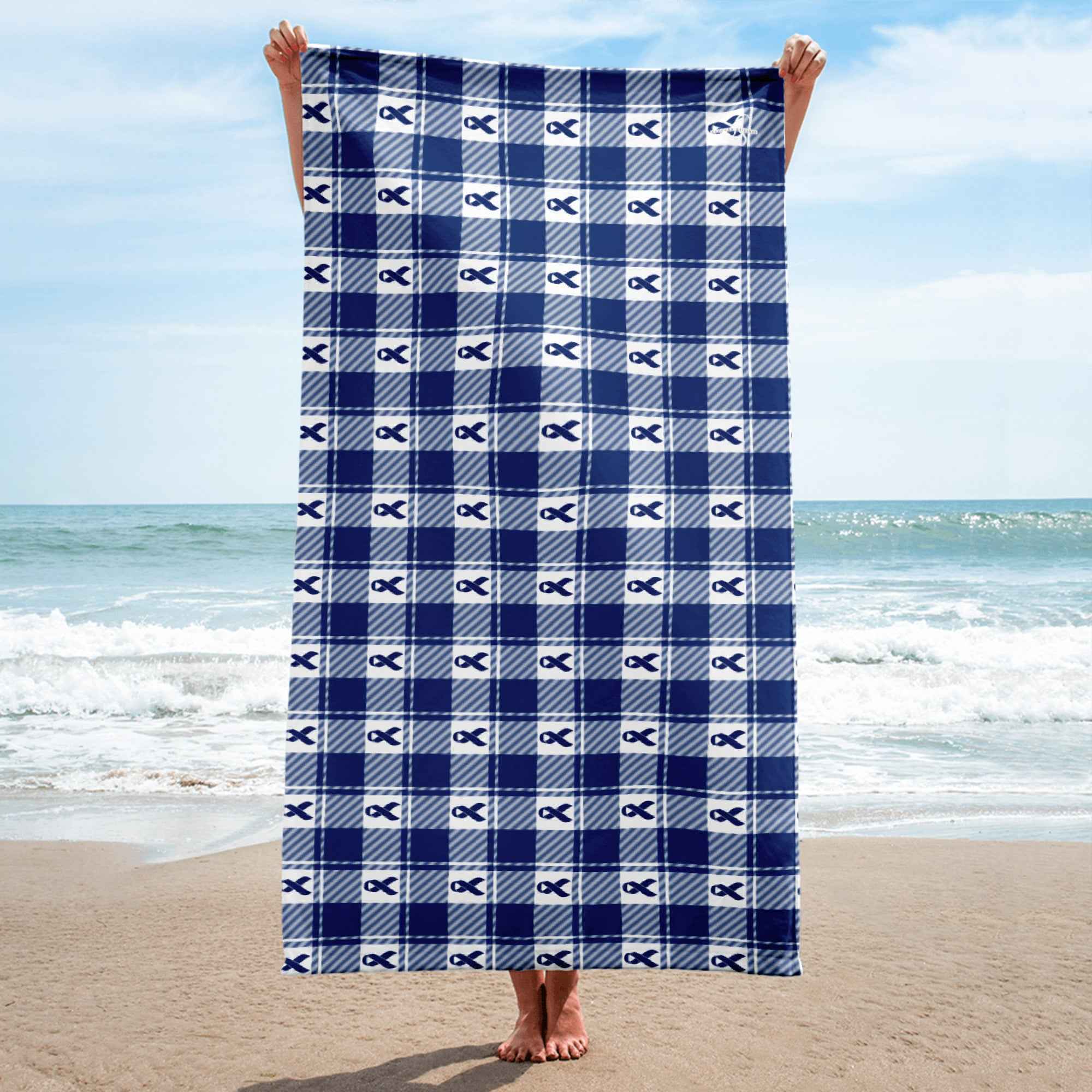 Beach Towel Colorectal Cancer Awareness Plaid, Dark Blue Ribbon, Supportive Gift - Scottish Squares
